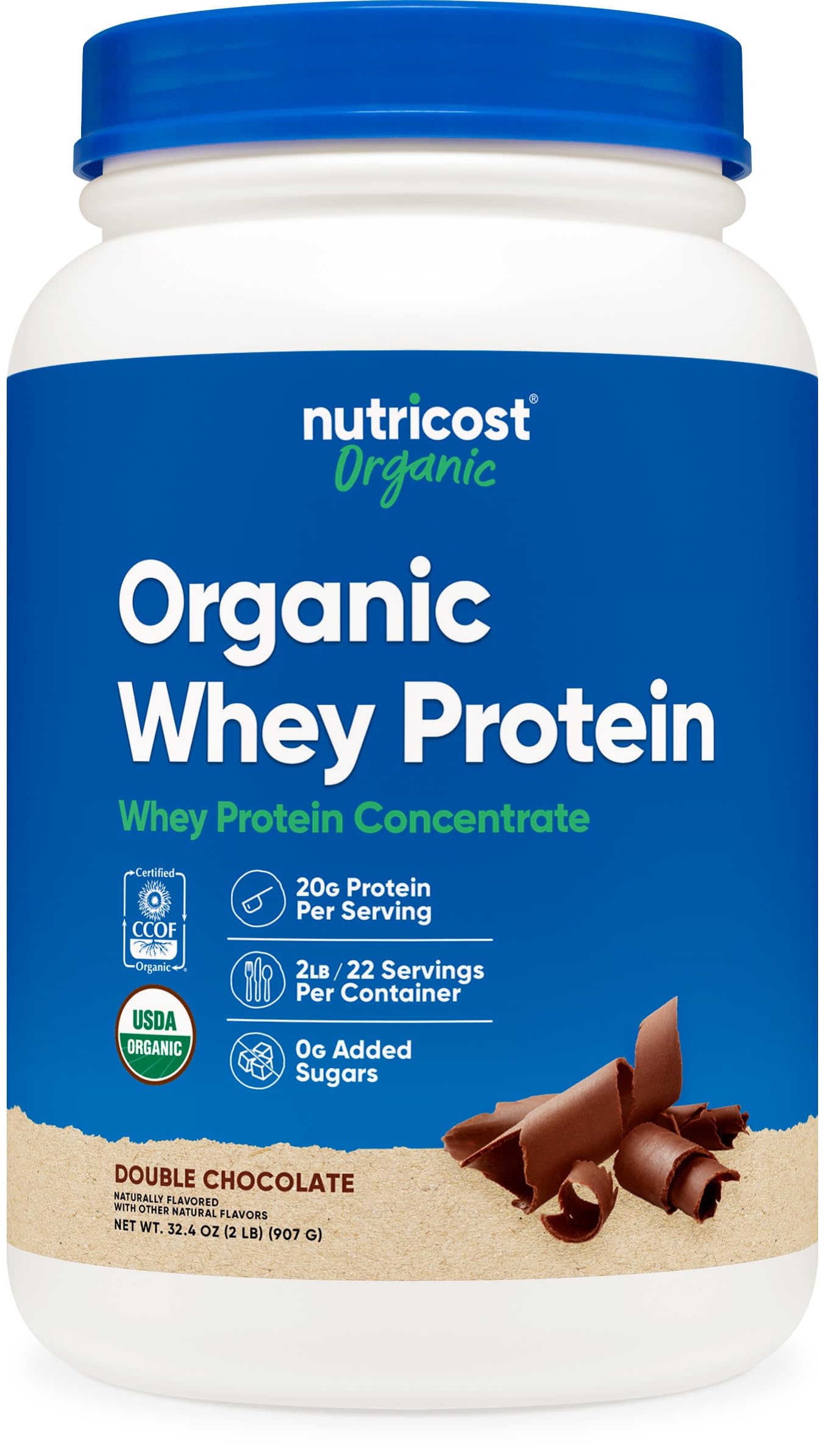 Nutricost protéine lactosérum double chocolat, conteneur 2lb, source pratique de protéines savoureuses.