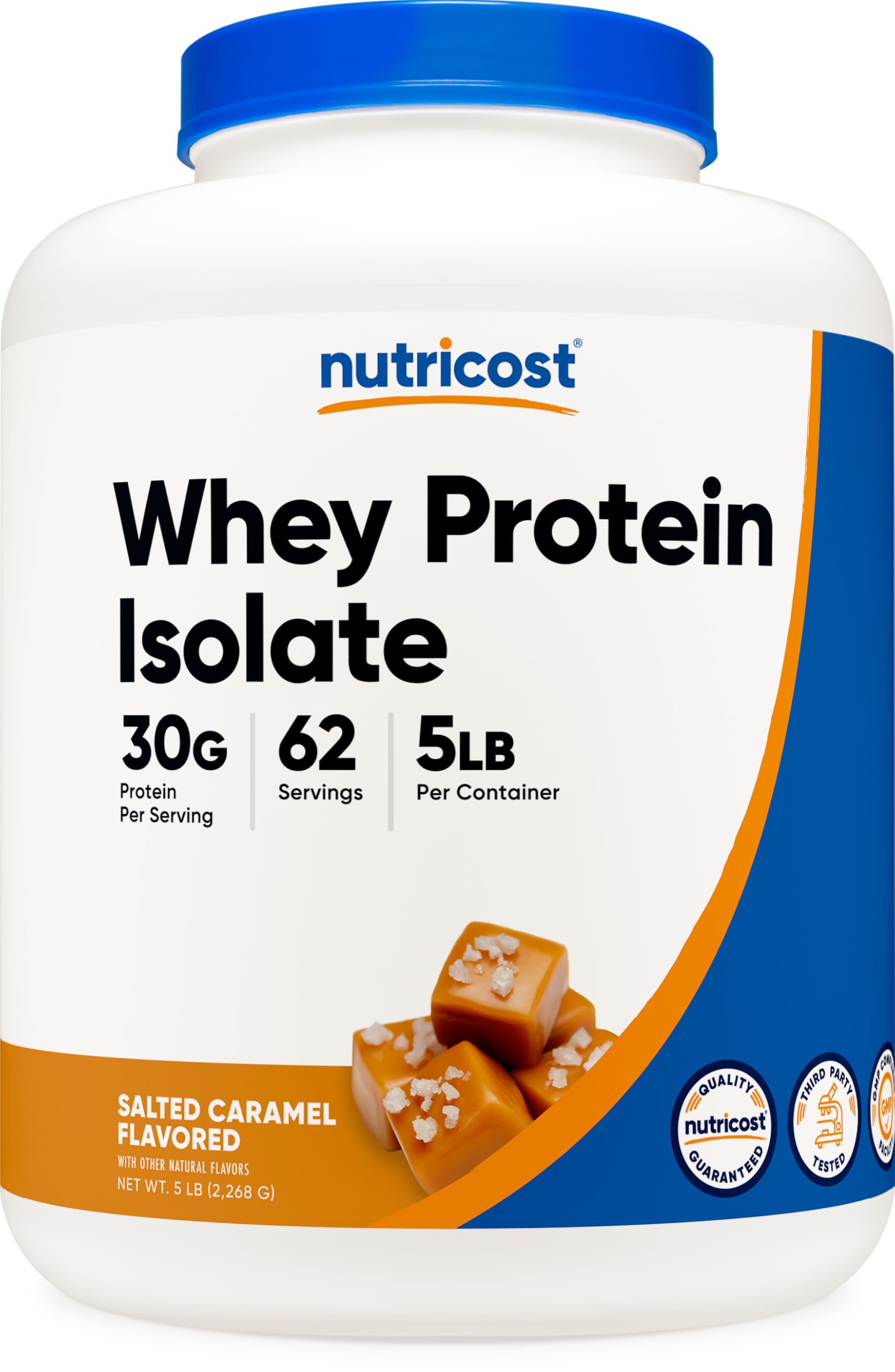 Nutricost protéine isolat lactosérum caramel salé dans la bouteille, pratique après entraînement
