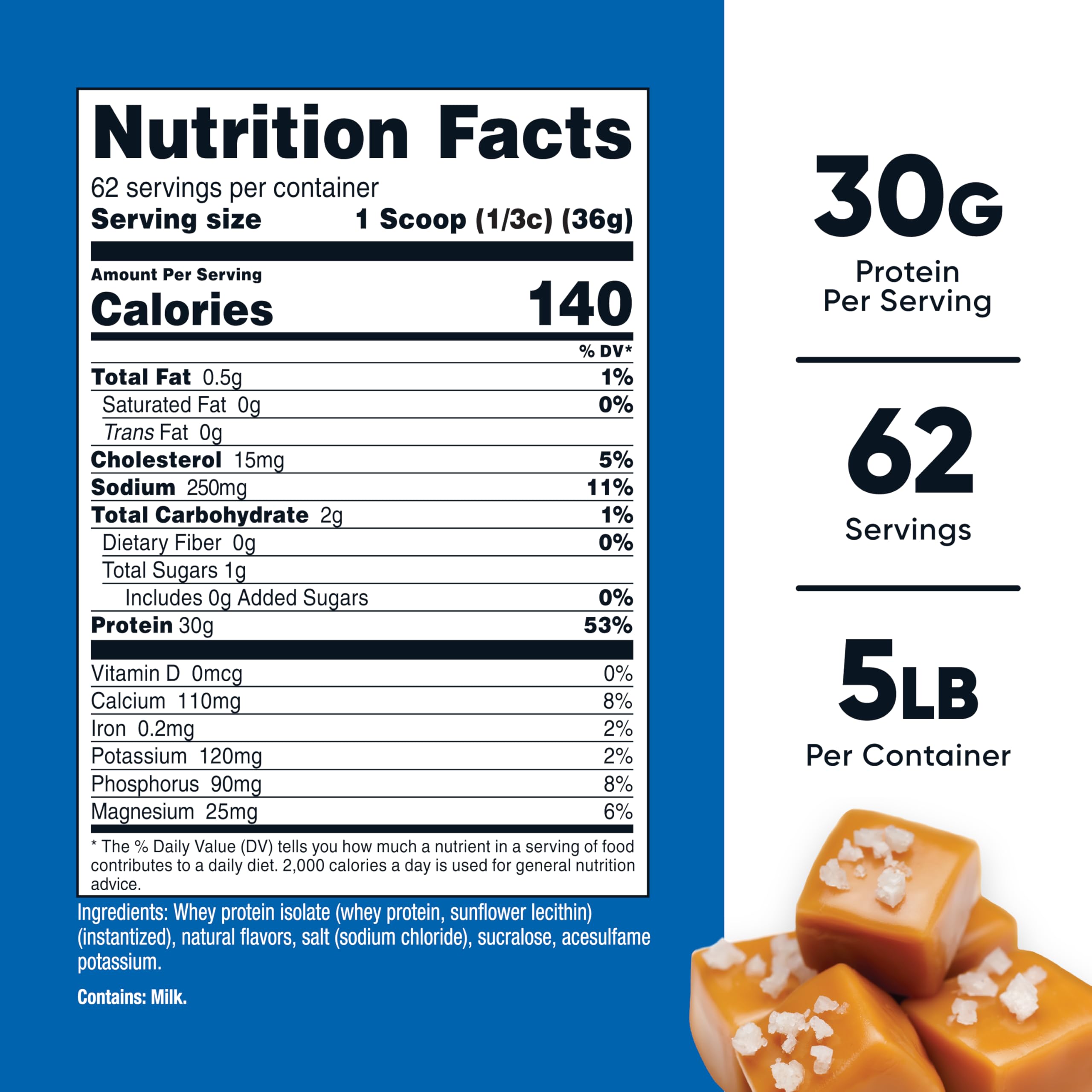Nutricost protéine isolat lactosérum caramel salé avec cuillère, shake rapide et protéiné quotidien