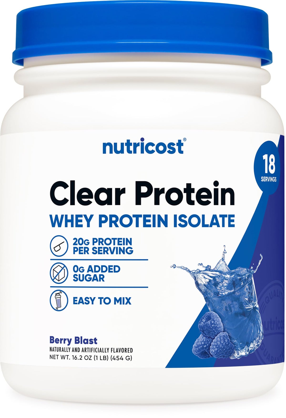Nutricost protéine lactosérum isolat emballage Explosion de Baies, dose pratique.