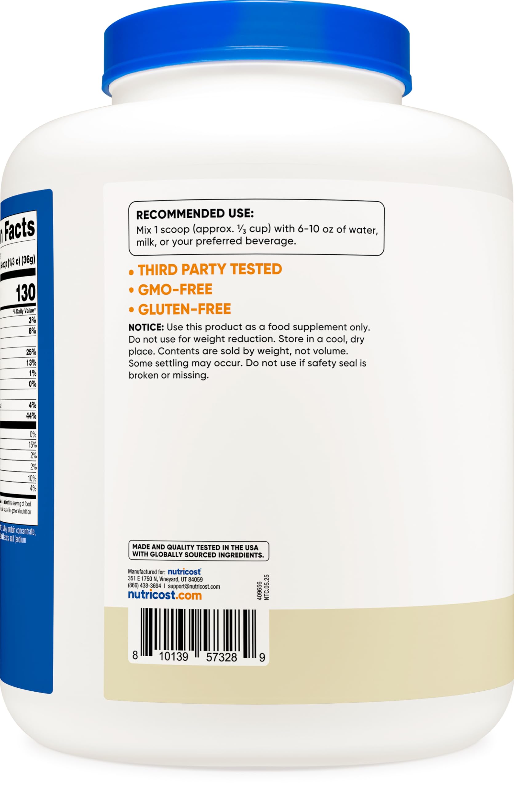 Nutricost proteine lactosérum vanille certifications NSF GMP FDA visibles sur l'usine.
