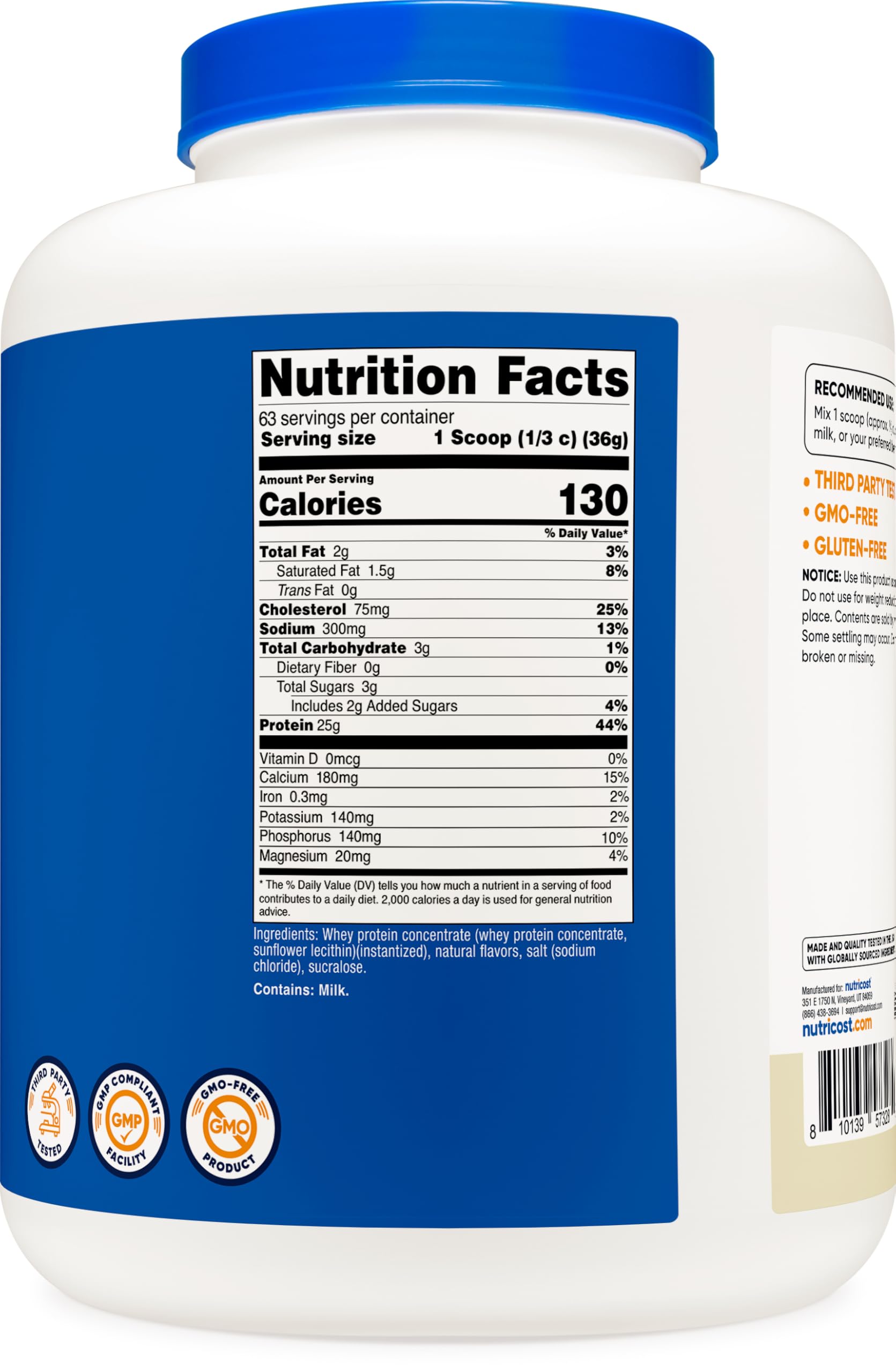 Nutricost proteine lactosérum vanille fiche nutrition visible sur l'emballage.