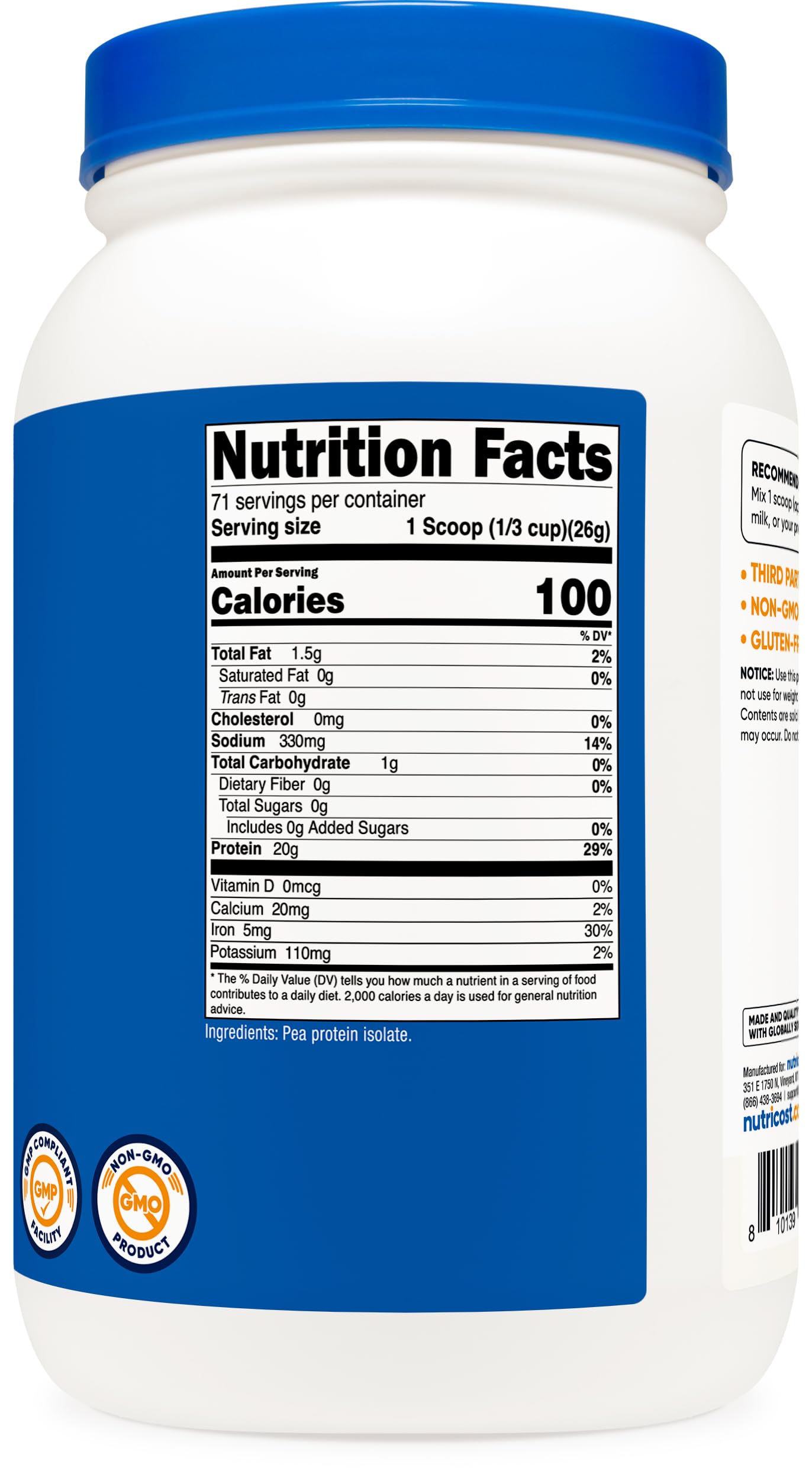 Nutricost protéine pois poudre, polyvalente pour cuisson et recettes de boulangerie.