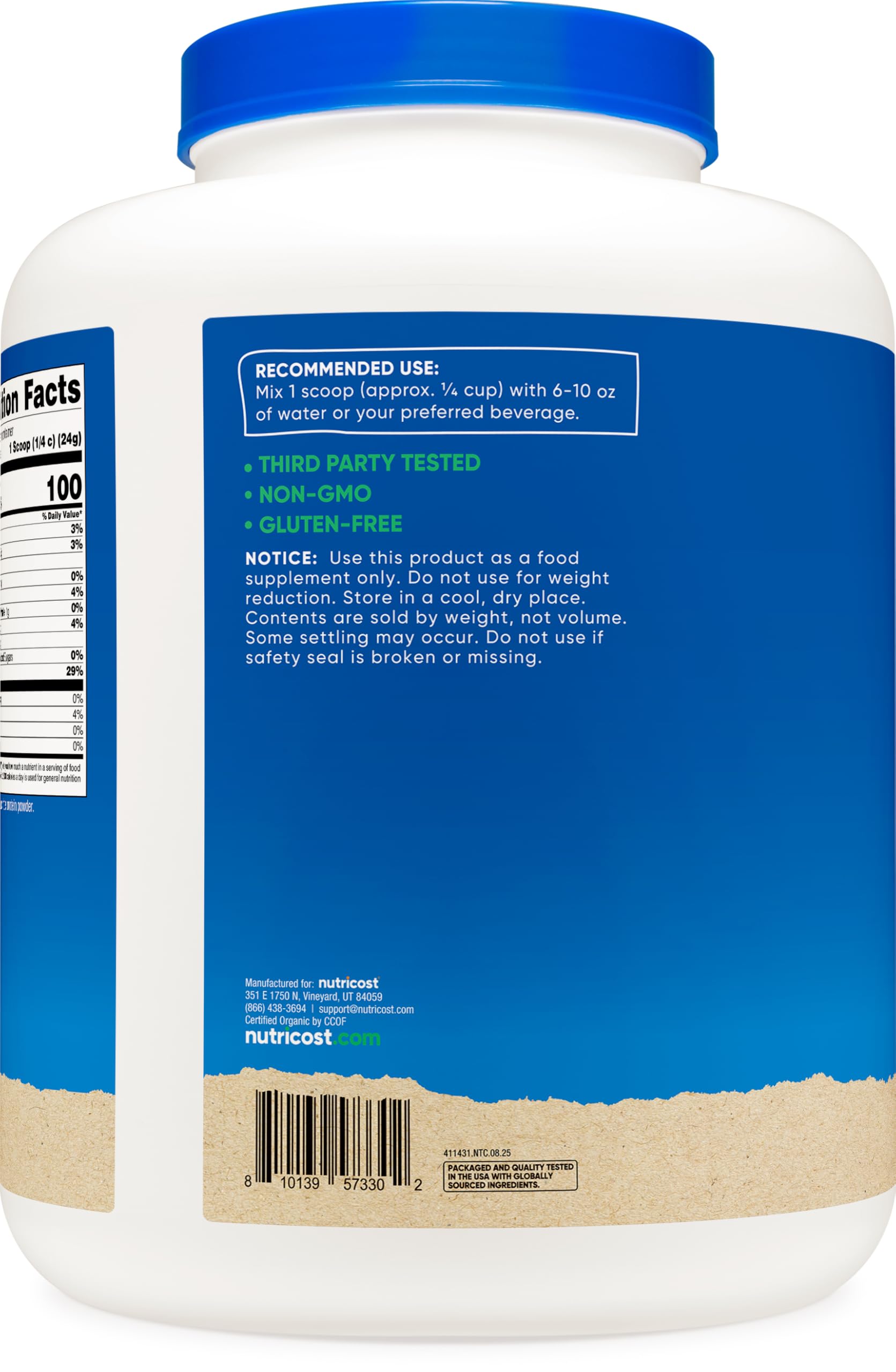 Nutricost Protéine de riz biologique en poudre dans un emballage clair sans gluten.