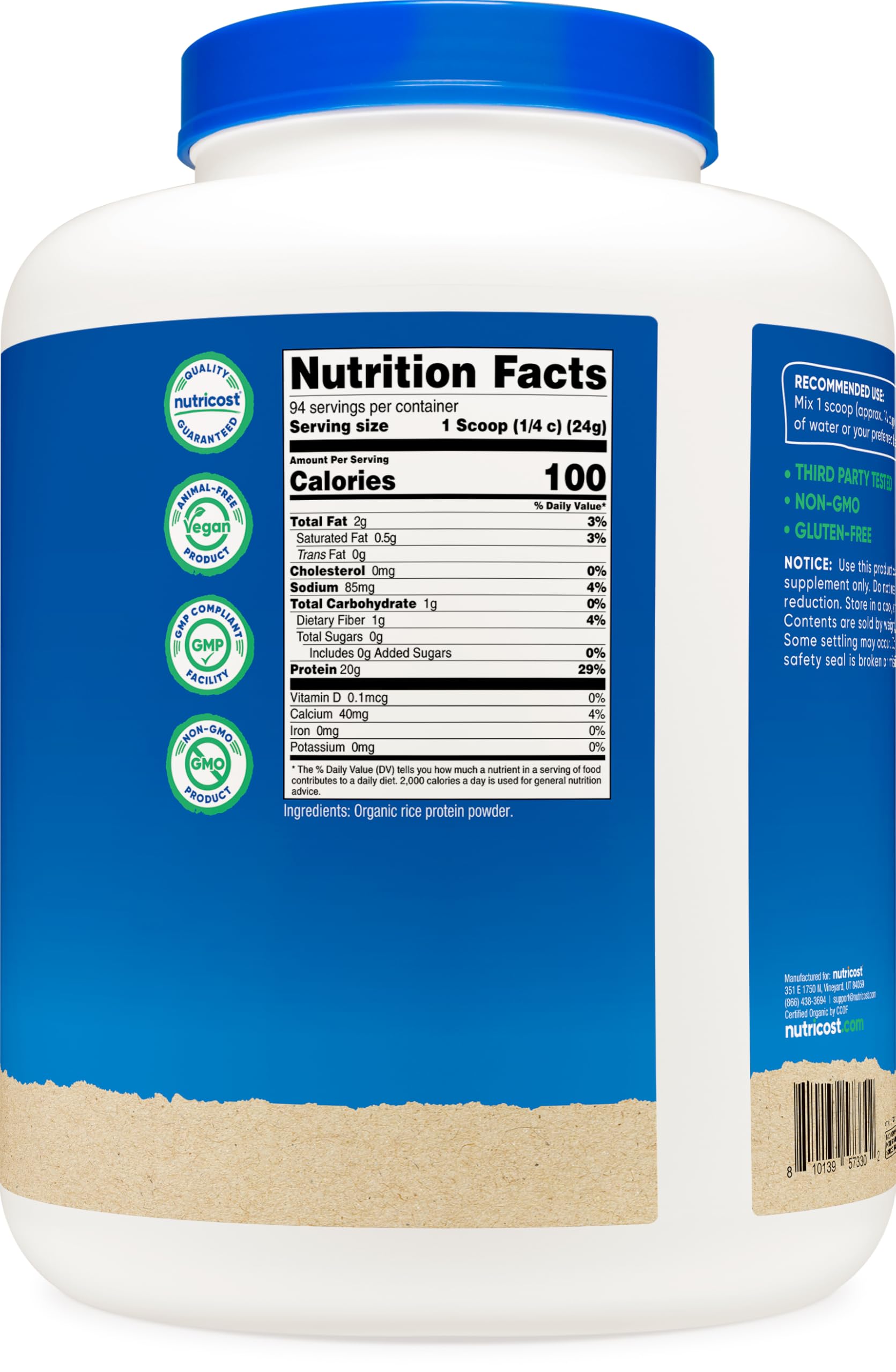 Nutricost Protéine de riz biologique en poudre servie dans un bol, usage végétal.