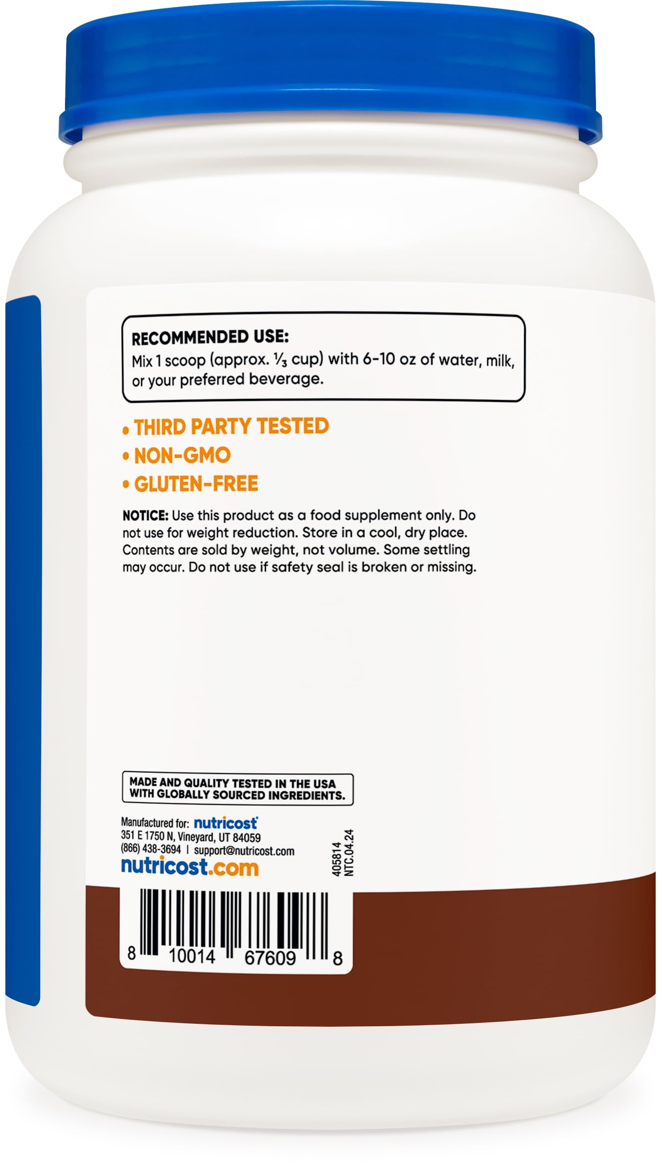 Nutricost protéine sans gluten – étiquette claire et ingrédients sûrs.