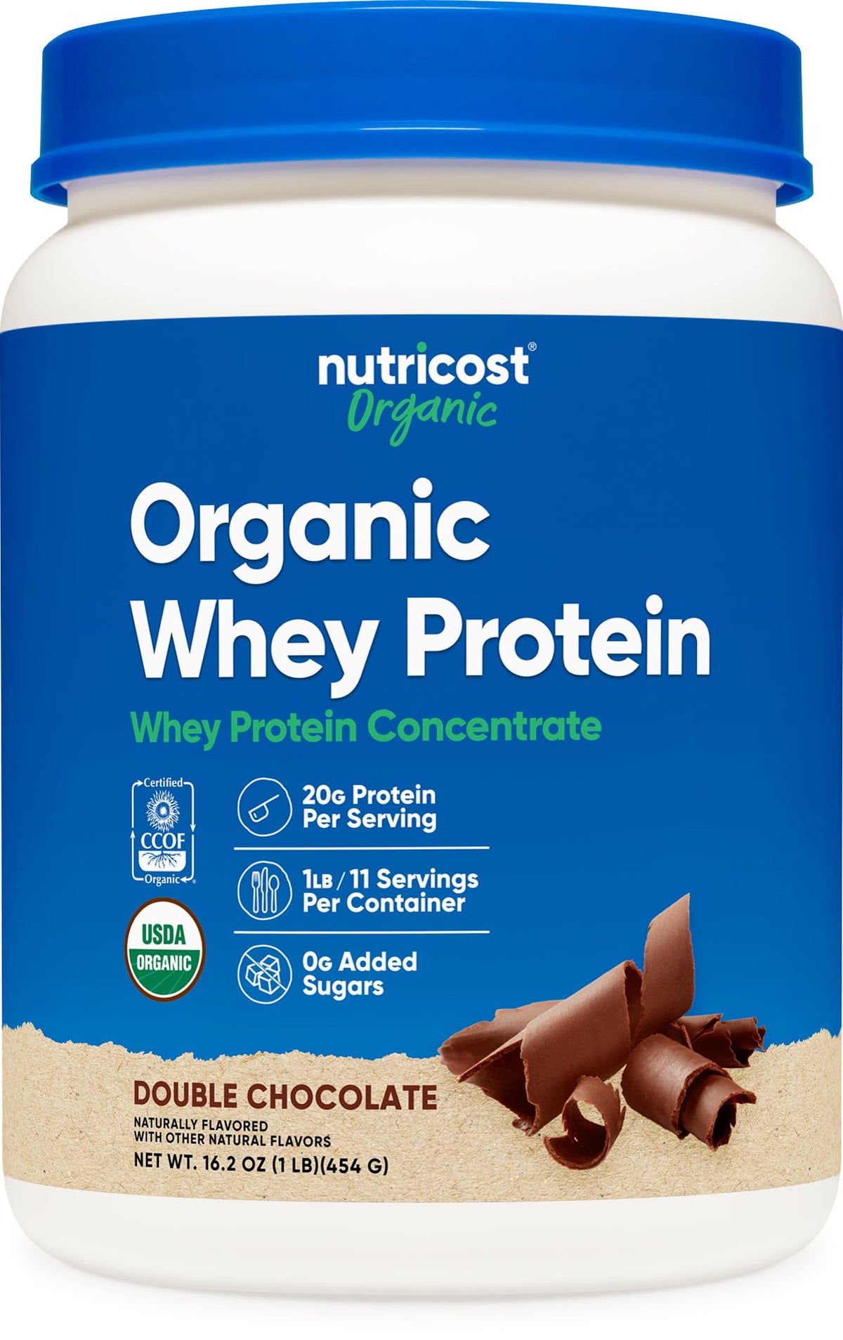 Nutricost protéine whey biologique double chocolat, emballage 1lb pour shake rapide.