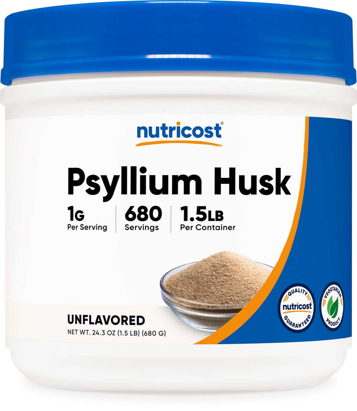Nutricost poudre psyllium dans un pot, prêt à être ajouté dans les recettes.
