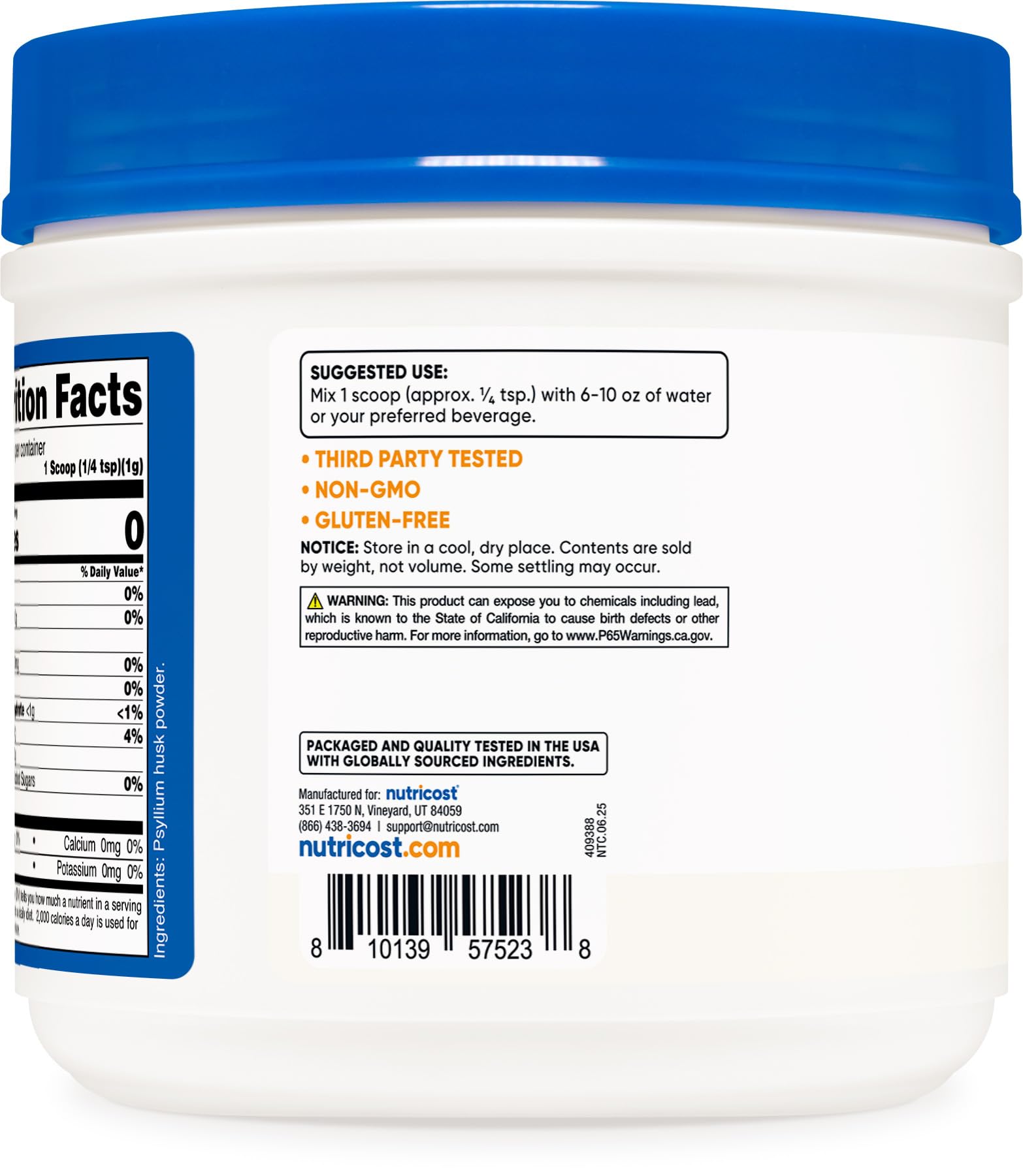 Nutricost psyllium poudre, sans OGM et sans gluten, option pratique.