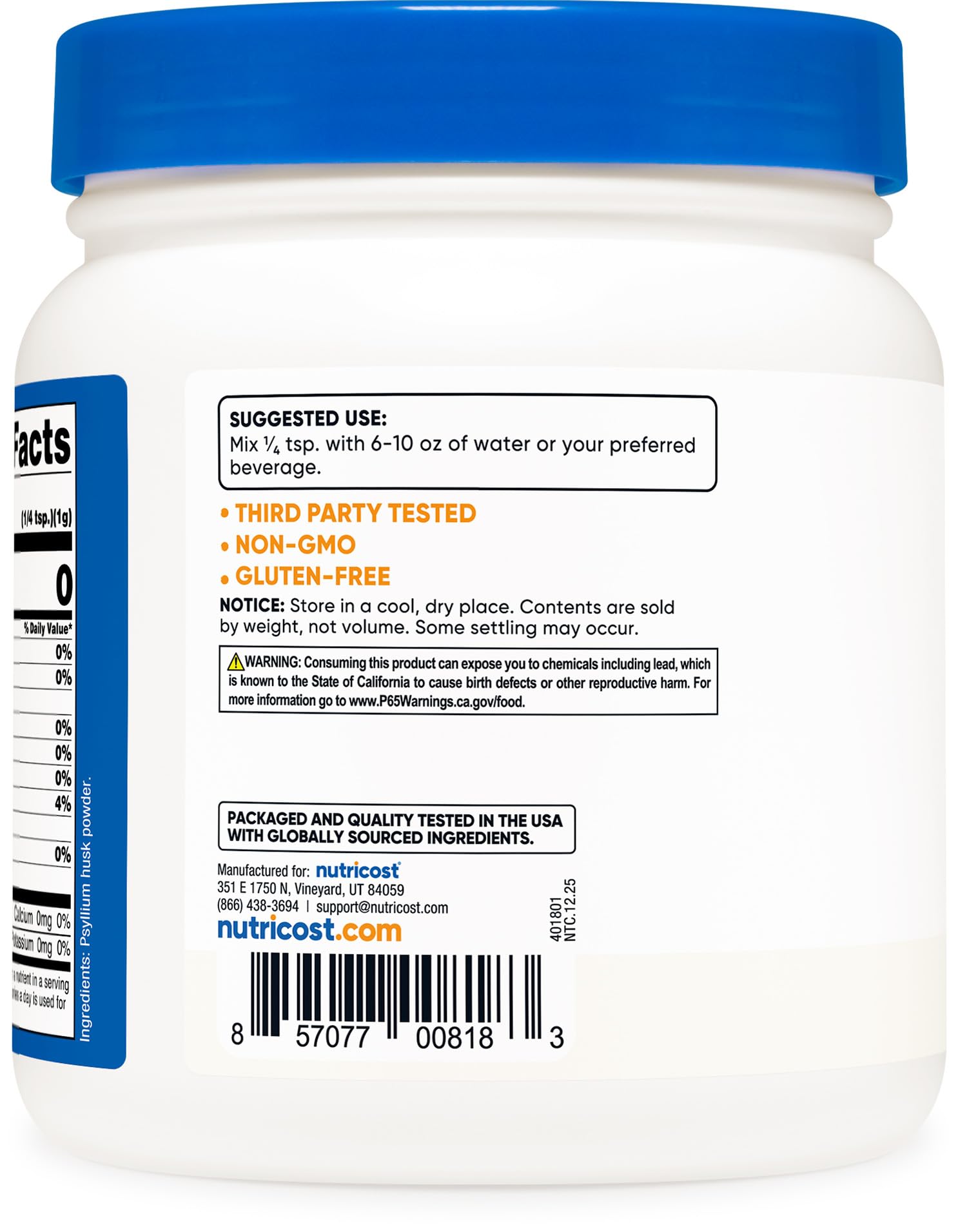 Nutricost poudre psyllium dans yaourt, fibre sans gluten et sans OGM.