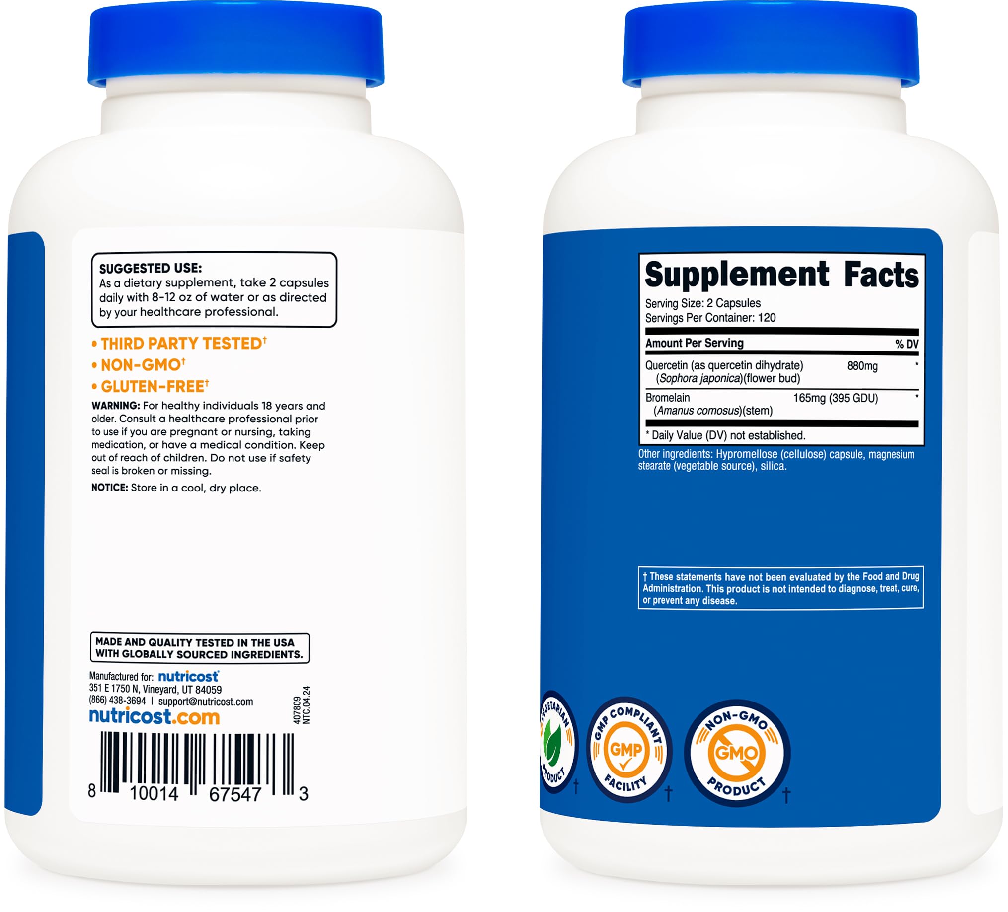 Nutricost Quercetine 880mg - Etiquette-produit: informations claires sur le dosage.