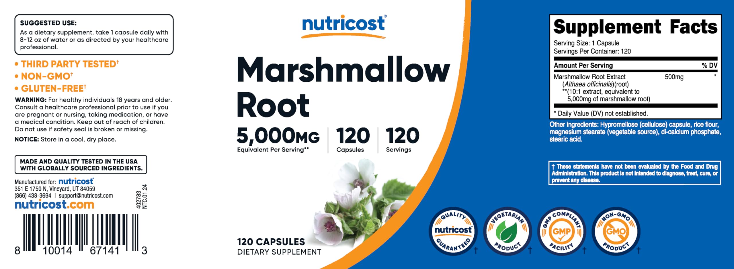 Nutricost Racine de Guimauve – utilisation quotidienne facile avec une capsule.
