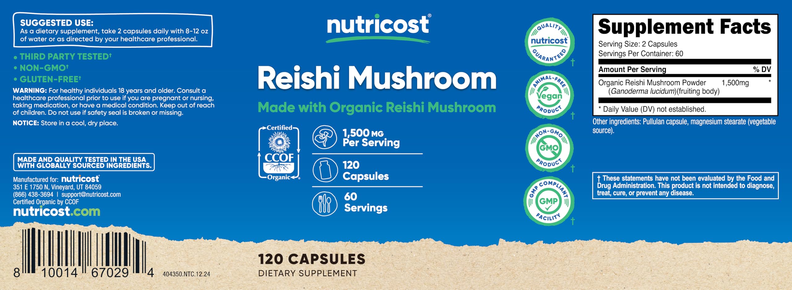 Nutricost Reishi, emballage certifié biologique CCOF.