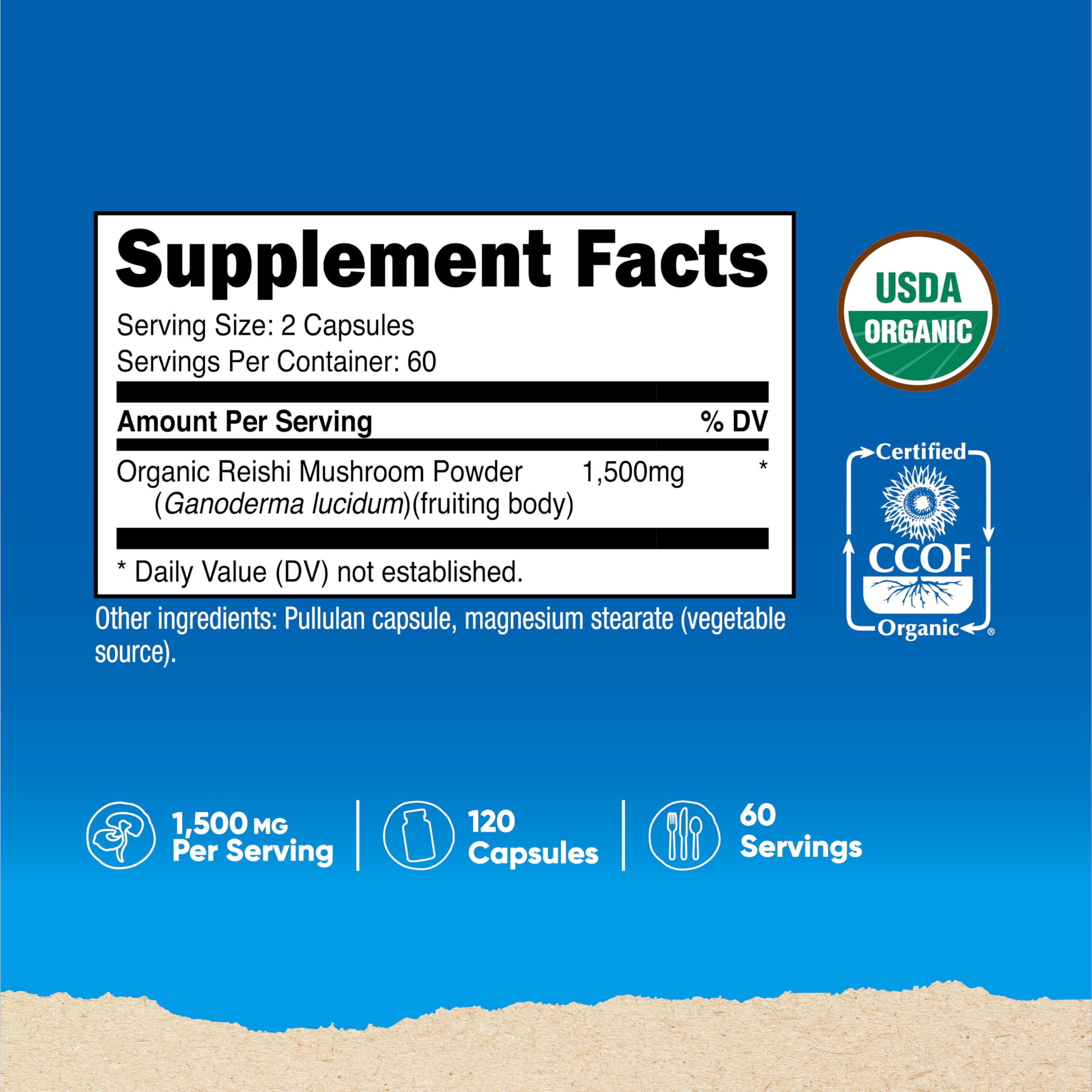 Nutricost Reishi, dosage 750 mg par capsule pour une portion complète.