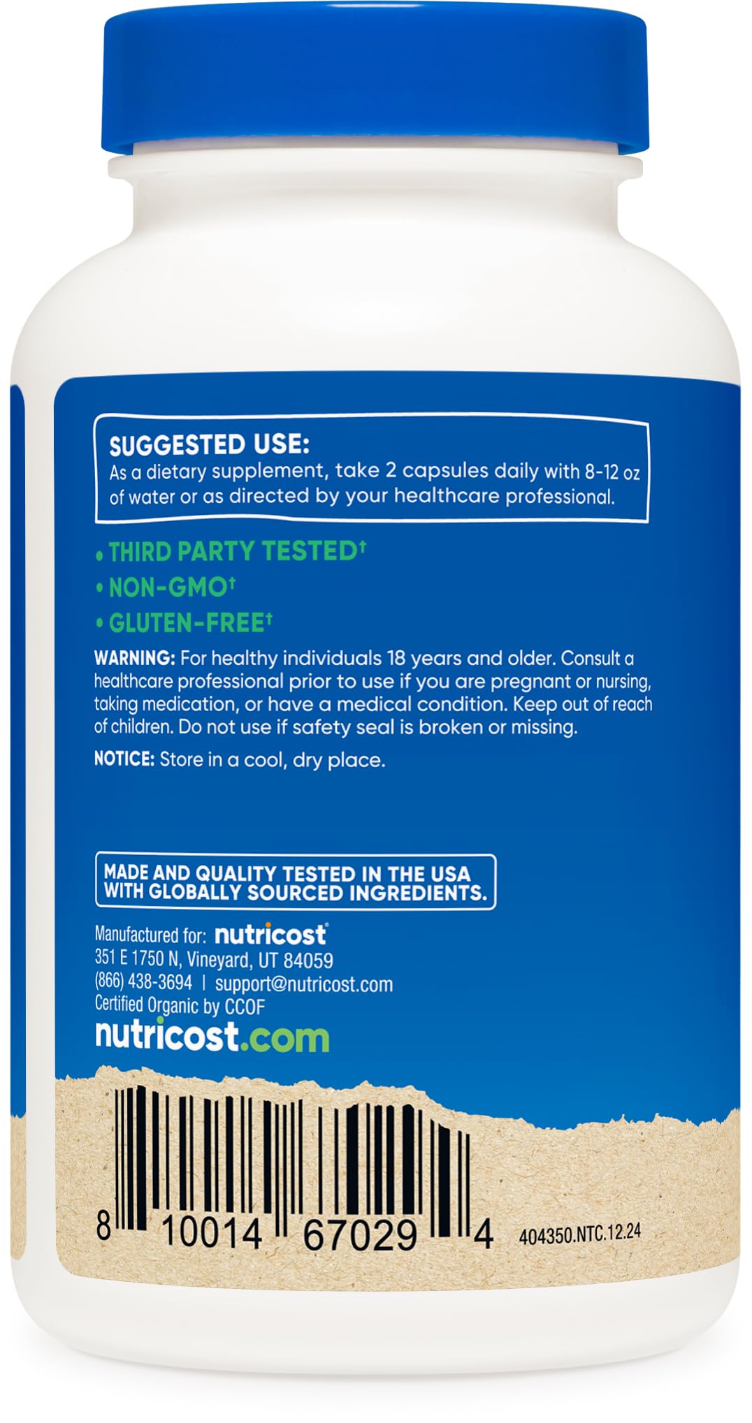 Nutricost Reishi, produit végétarien sans gluten et sans soja.