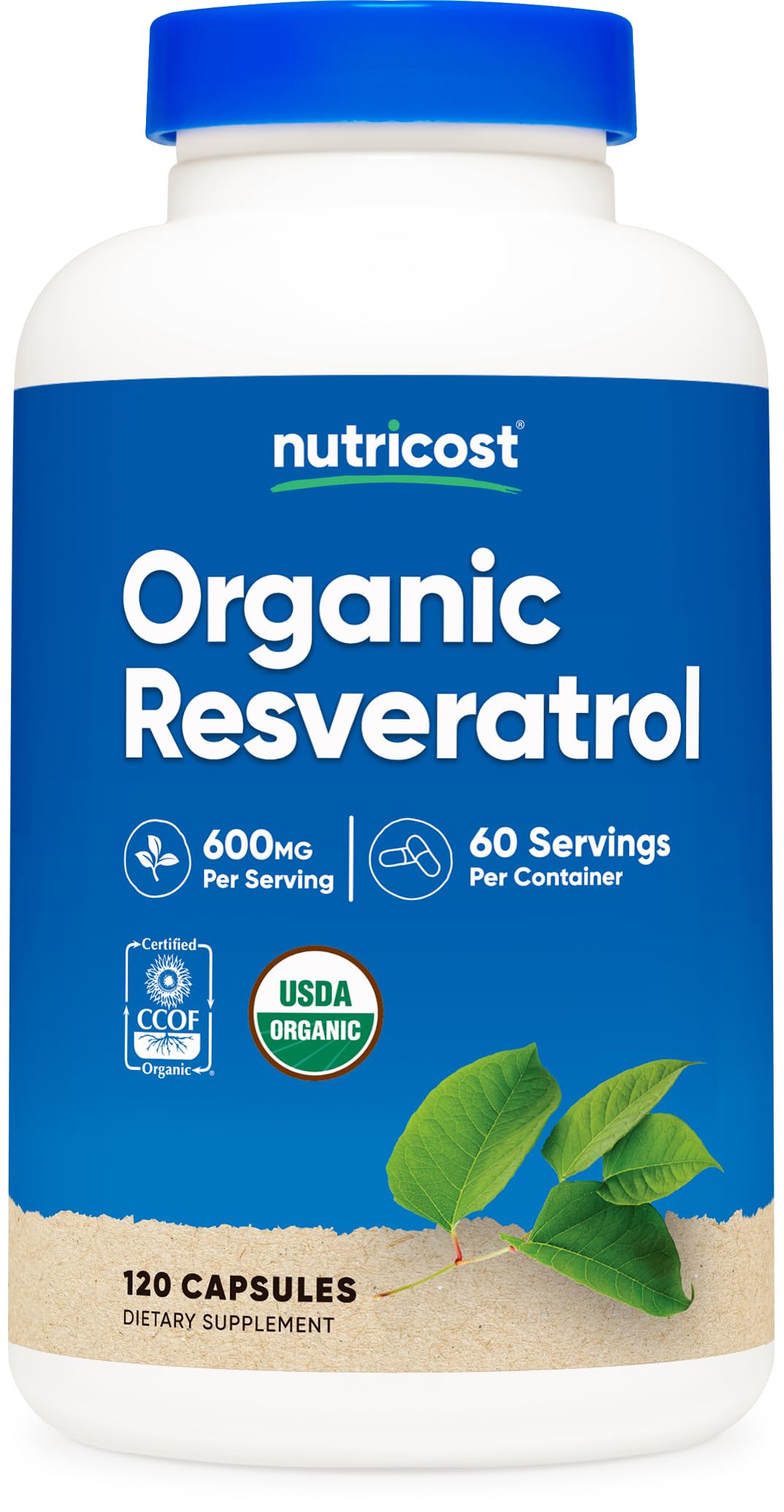 Nutricost résveratrol biologique, bouteille et capsules, soutien potentiel au bien-être quotidien