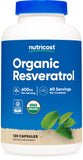 Nutricost résveratrol biologique, bouteille et capsules, soutien potentiel au bien-être quotidien