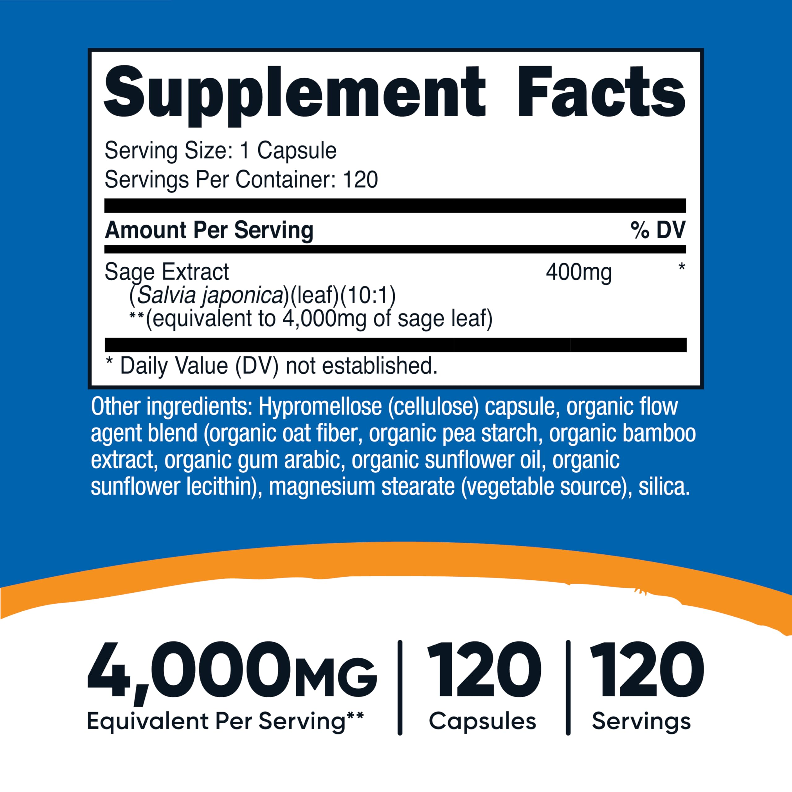Nutricost Sauge Extrait: bouteille de 120 capsules prête à être utilisée au quotidien.