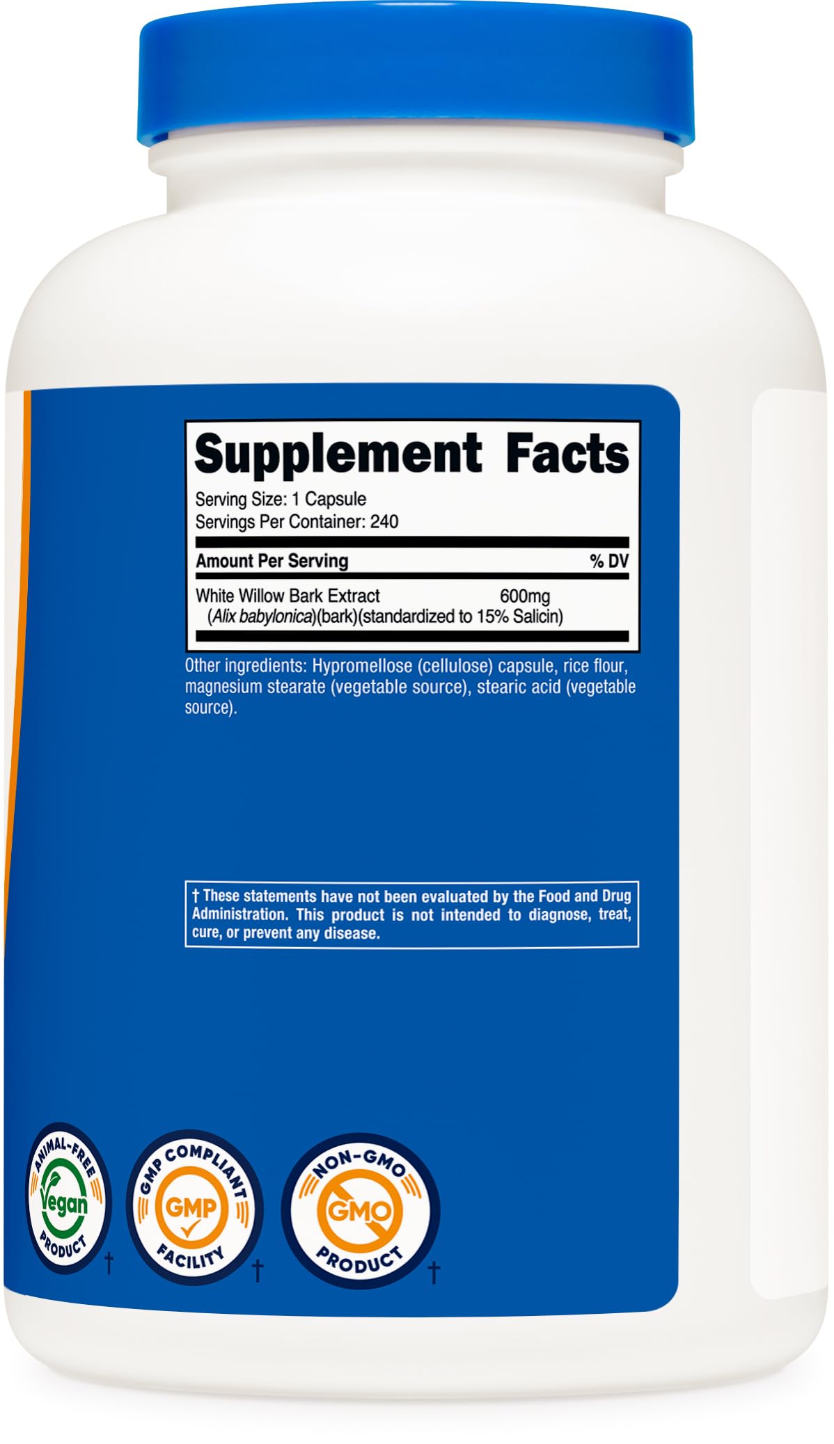 Nutricost Saule blanc 600mg bouteille ouverte pour accès rapide aux capsules.