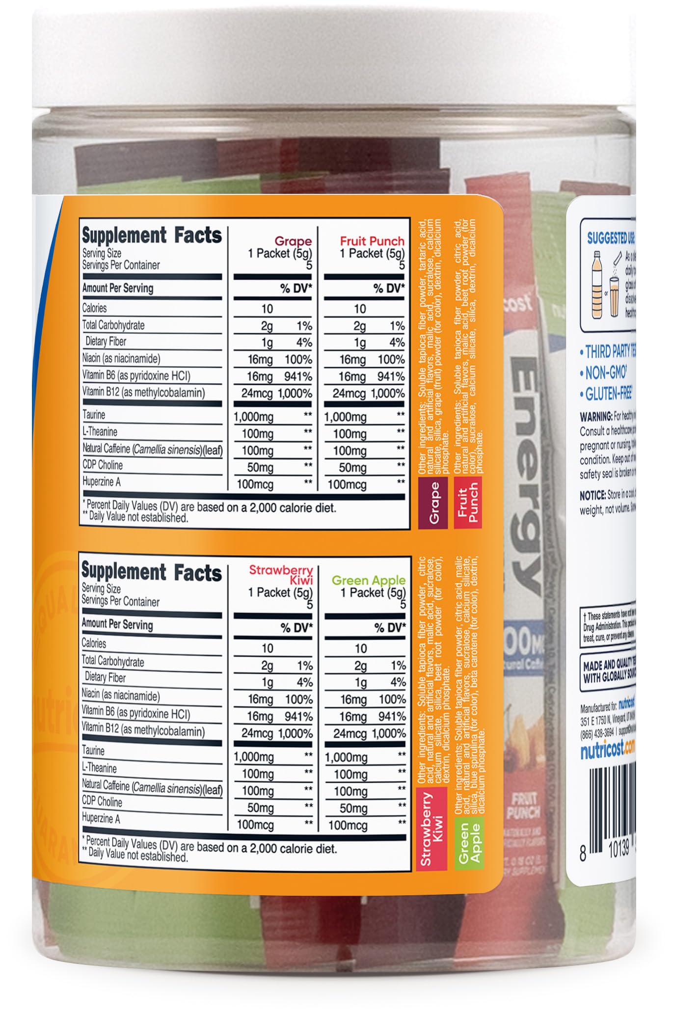 Nutricost bouteille avec 20 sachets pour énergie quotidienne.