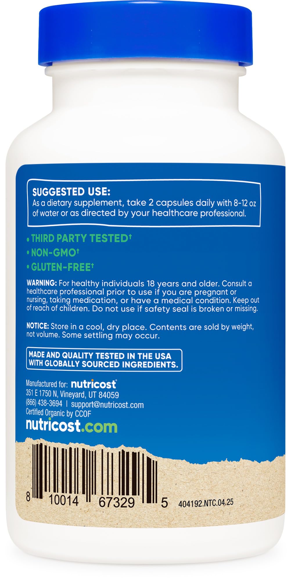 Nutricost Saw Palmetto, certifications NSF et GMP : fabrication contrôlée.