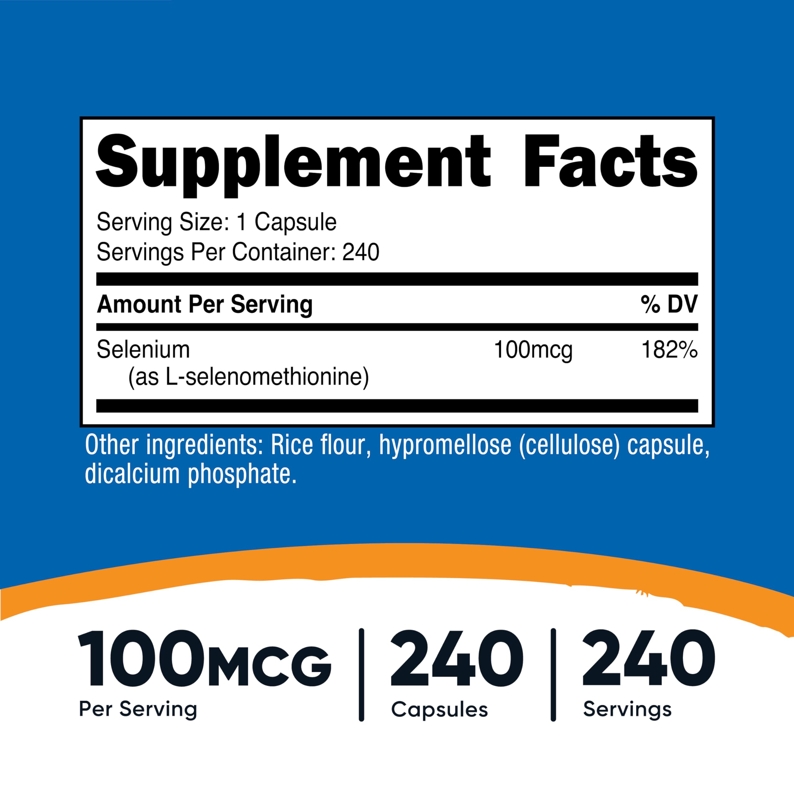 Étiquette Nutricost Selenium, formule fiable et sans OGM.