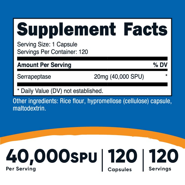 Capsules compactes Nutricost Serrapeptase, 40 000 SPU par capsule, prise facile au quotidien.