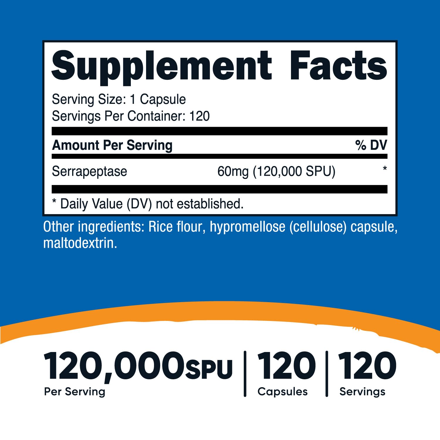 Étiquette Nutricost Serrapeptase sur la bouteille, indiquant sans gluten et sans OGM