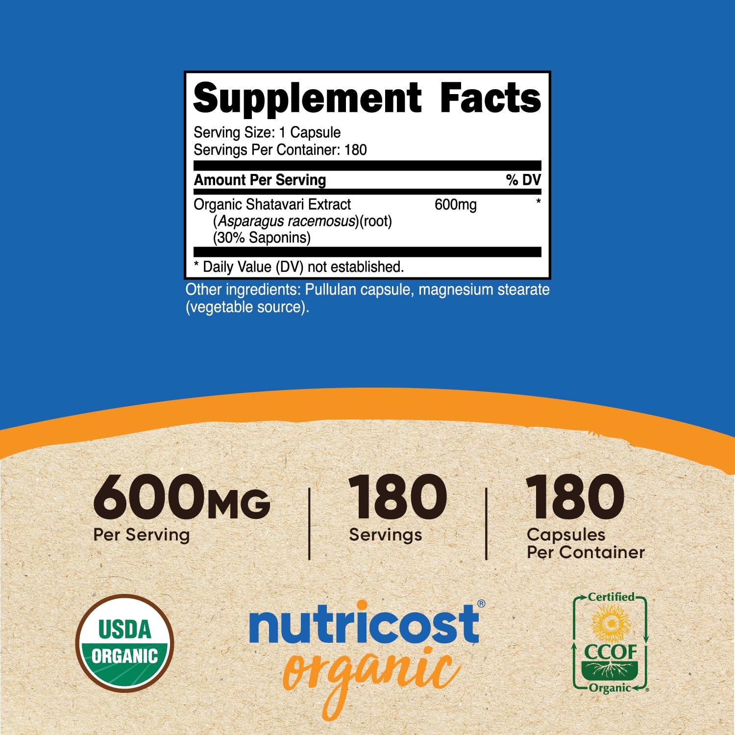 Nutricost Shatavari, capsules biologiques, sans OGM et sans gluten, adaptées aux régimes végétariens.