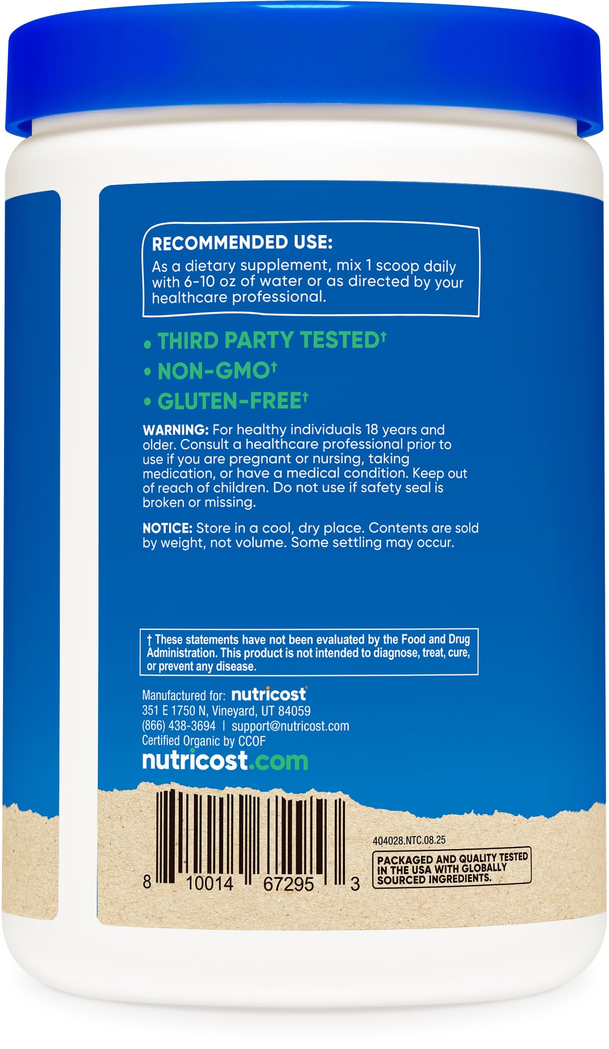Nutricost Shatavari biologique: étiquette certifiée rassurante et informative.