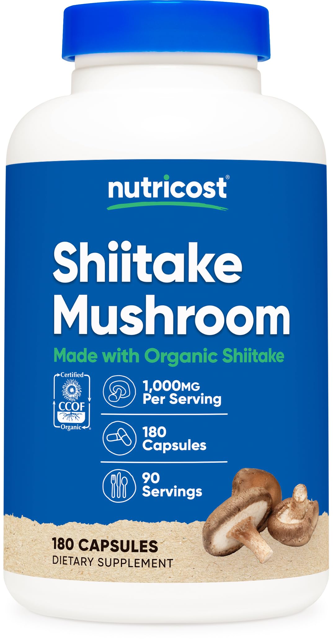 Nutricost Shiitake en capsules, bouteille visible, pratique pour une routine végétarienne.