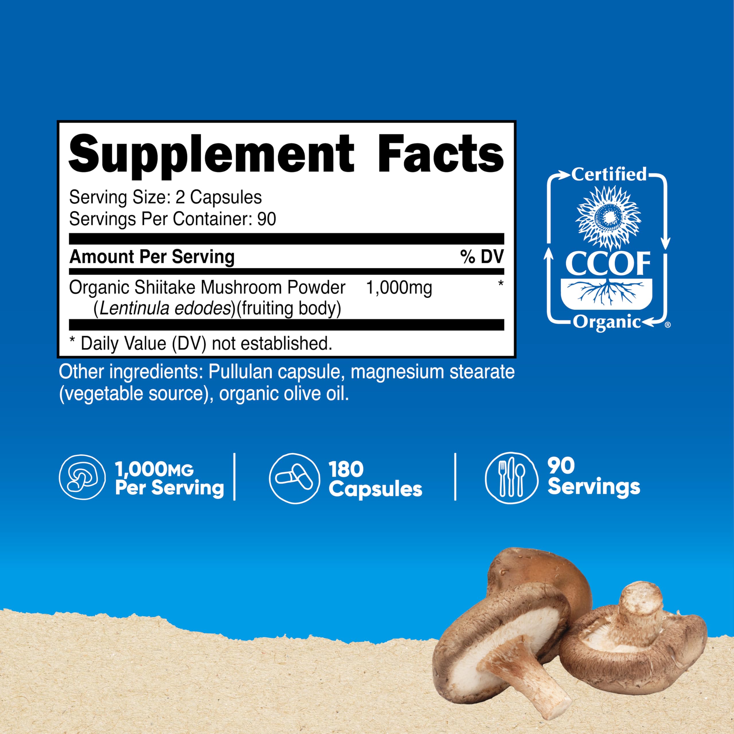 Capsule Nutricost Shiitake en gros plan, 500 mg par capsule pour simplicité.