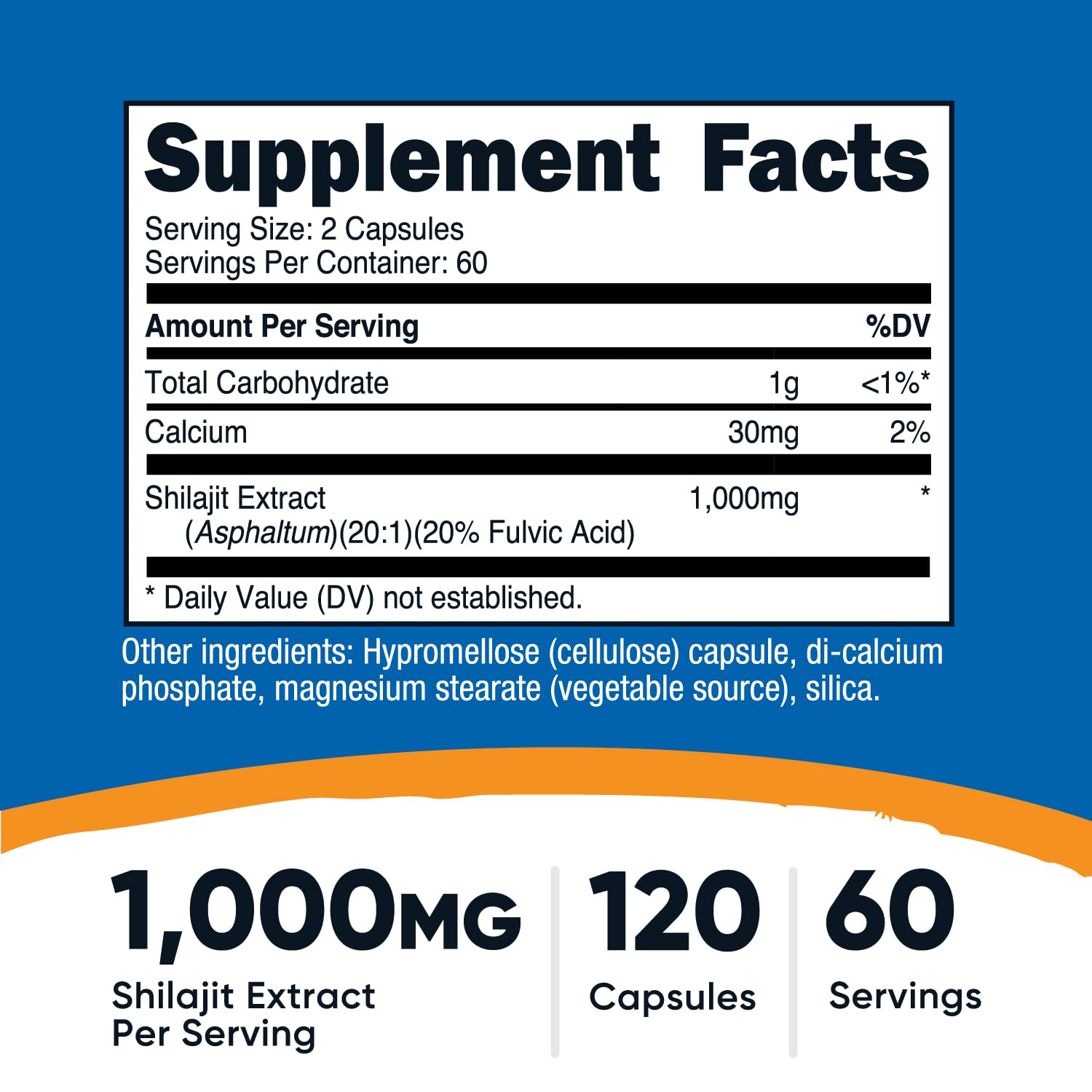 Nutricost Shilajit Capsules dose 1000 mg, concentration élevée pour énergie potentielle.