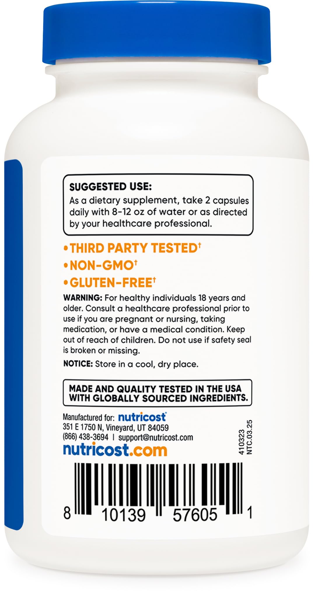 Nutricost Sodium Bicarbonate: ingrédients vegan et sans gluten pour un complément alimentaire sûr.