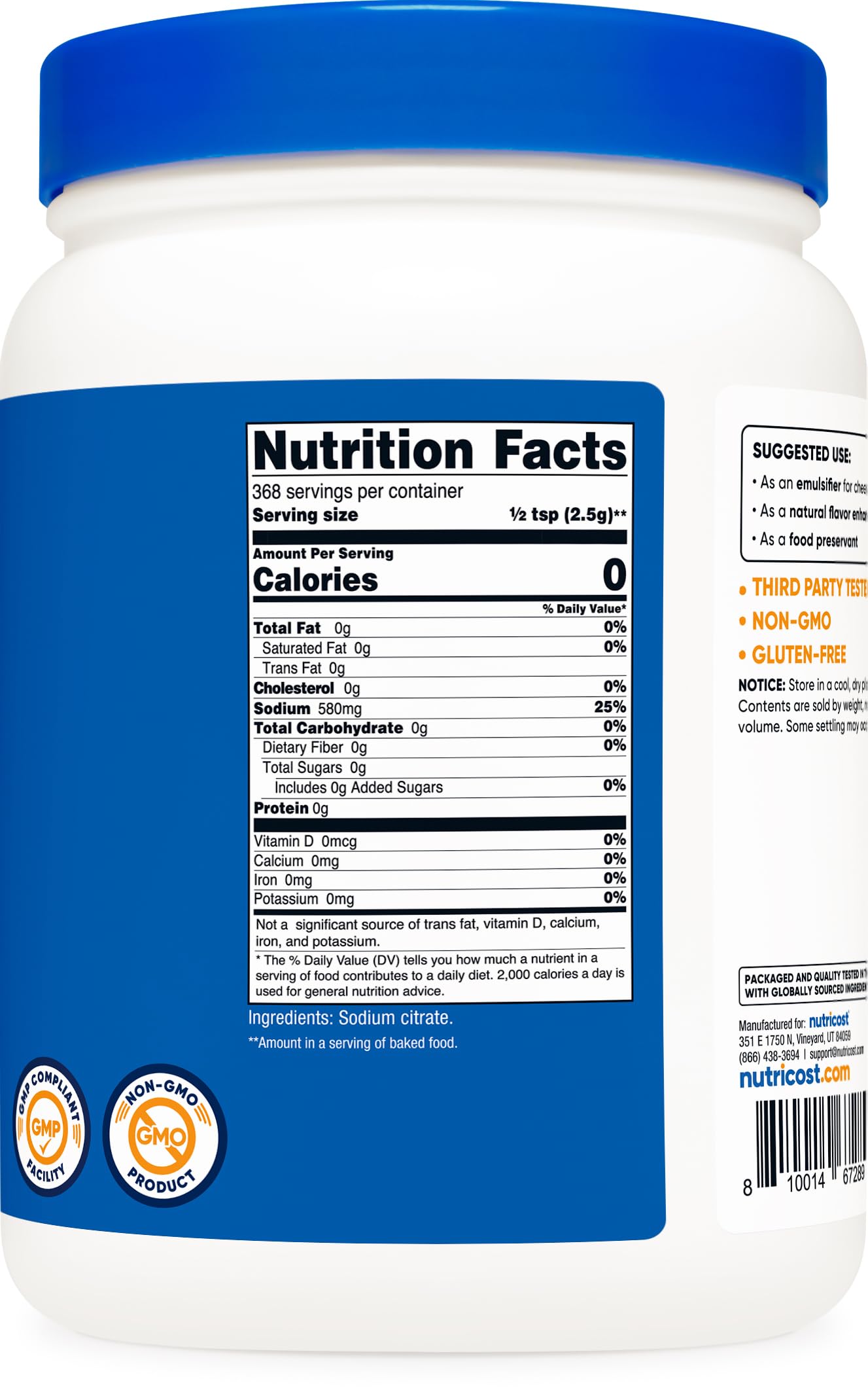 Nutricost Citrate de sodium – fabriqué selon GMP et FDA pour la sécurité alimentaire