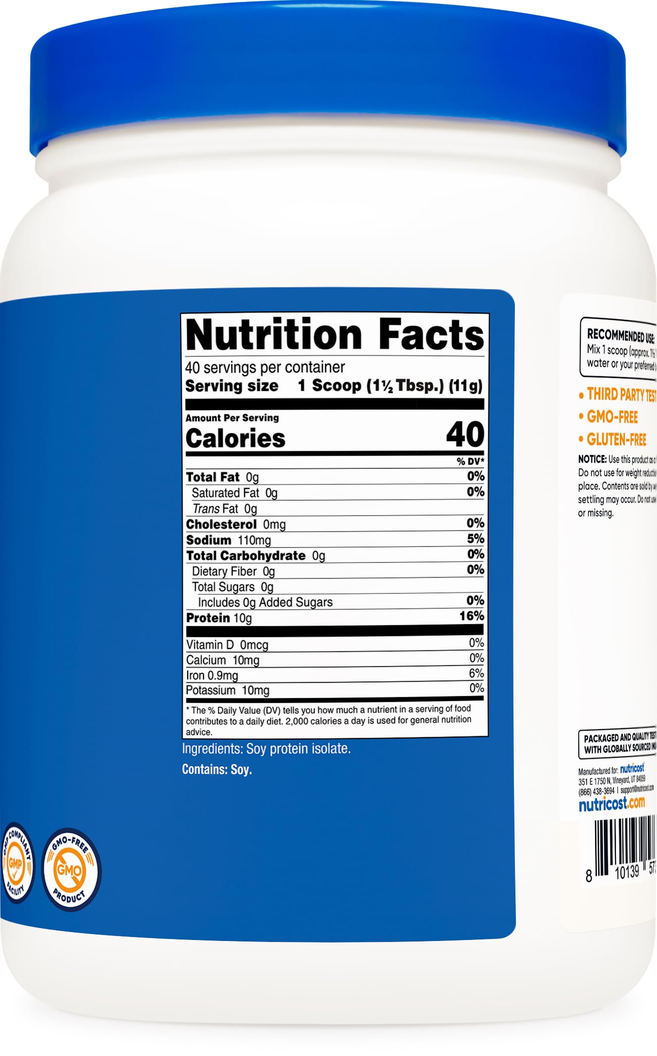 Nutricost isolat de protéine de soja en poudre, installation certifiée NSF et GMP.