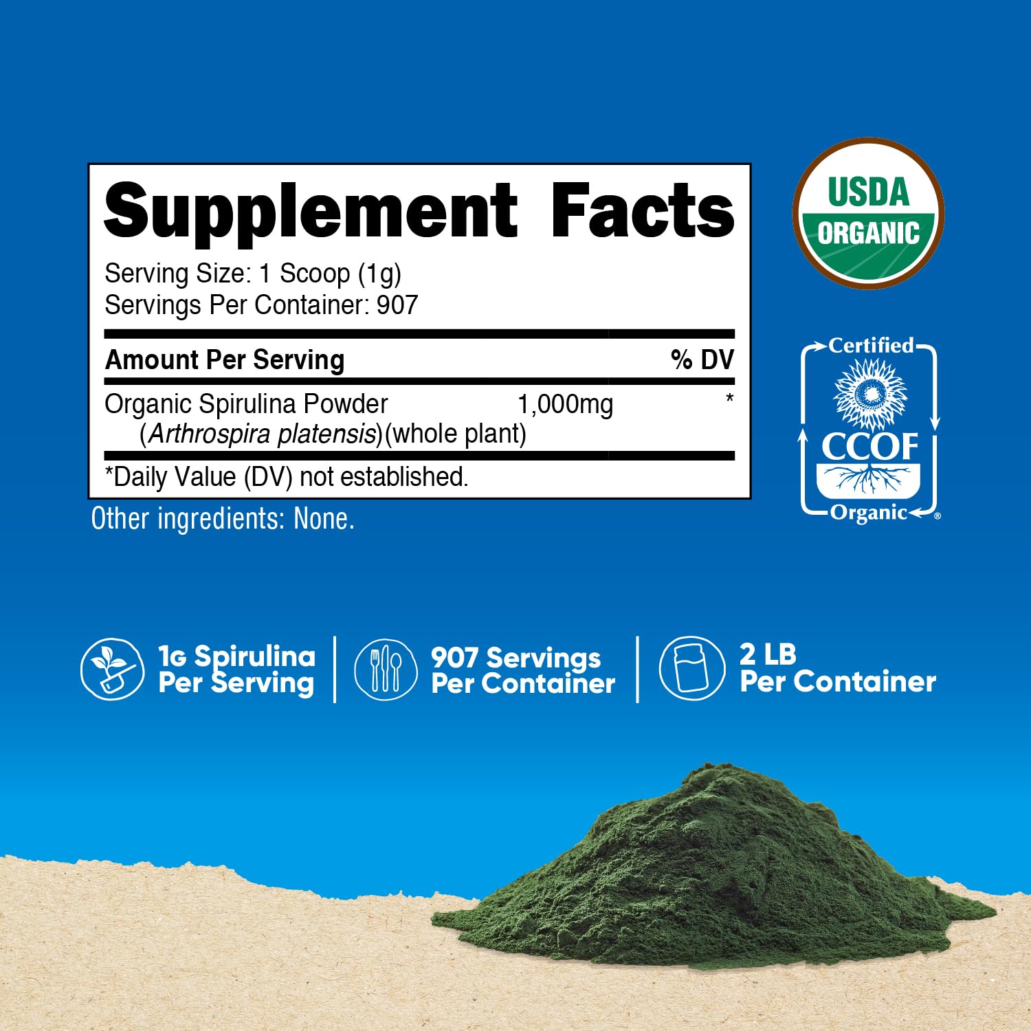 Nutricost Spiruline bio: cuillère-doseur incluse pour doser facilement.