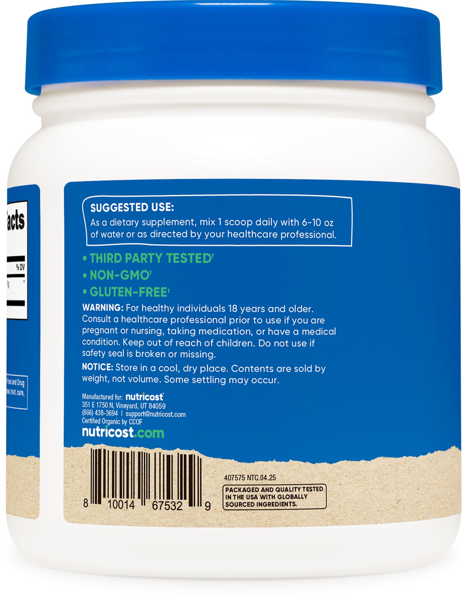 Nutricost Spiruline Bio – étiquette et certifications visibles