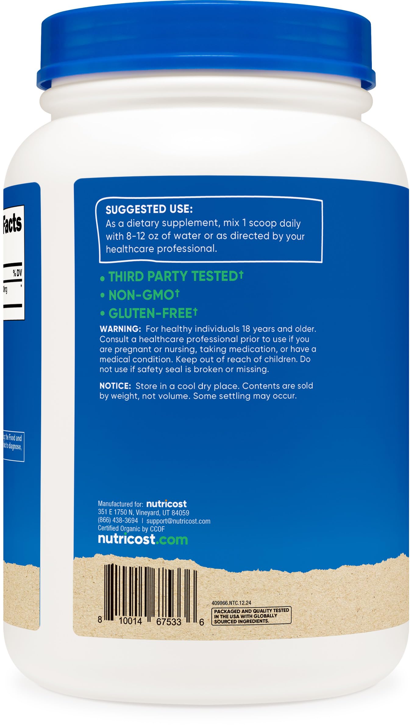 Nutricost Spiruline bio: étiquette certifiée et installation GMP/FDA pour votre tranquillité.