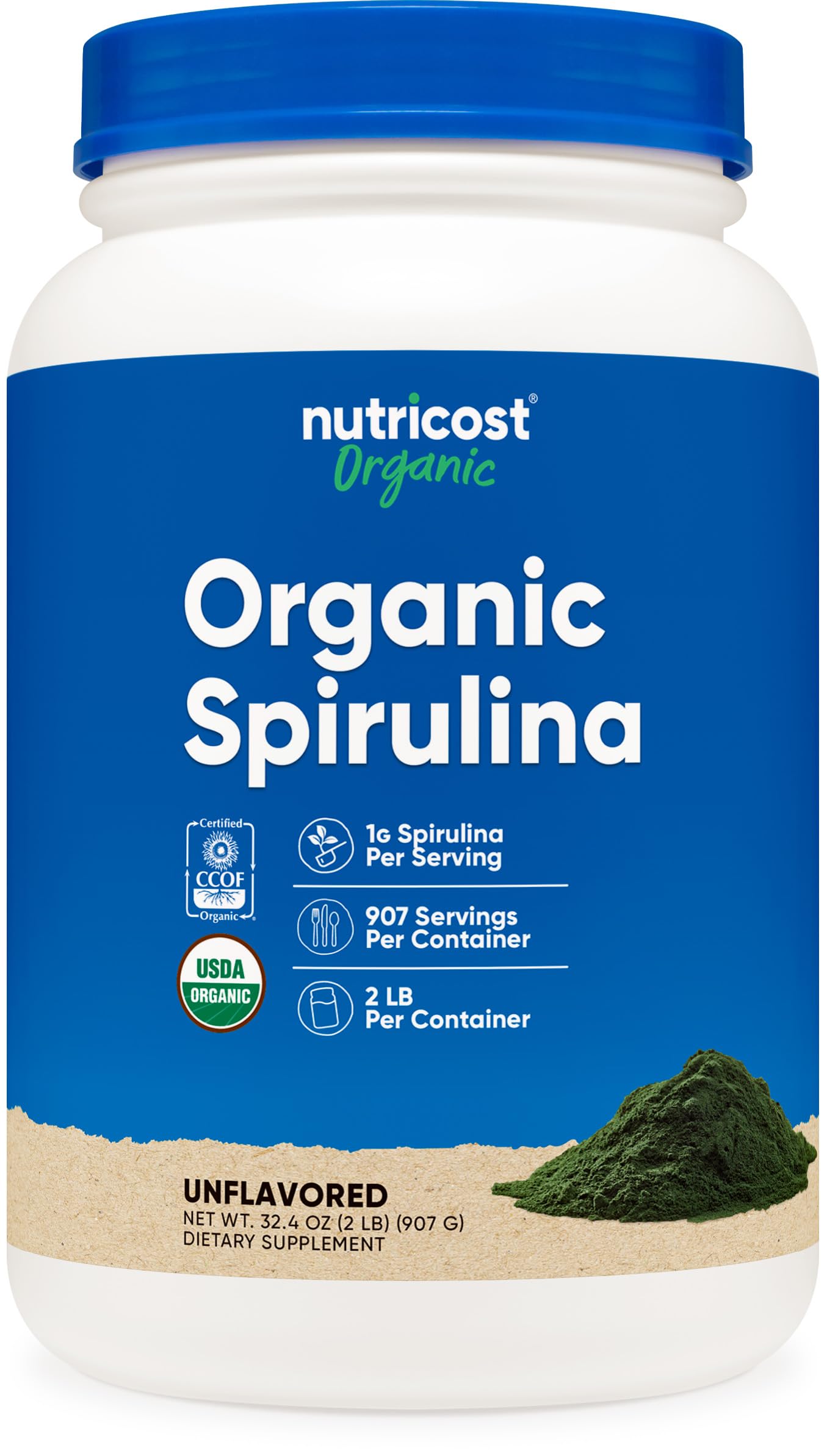 Nutricost Spiruline bio: poudre verte en bouteille prête à ajouter aux smoothies.