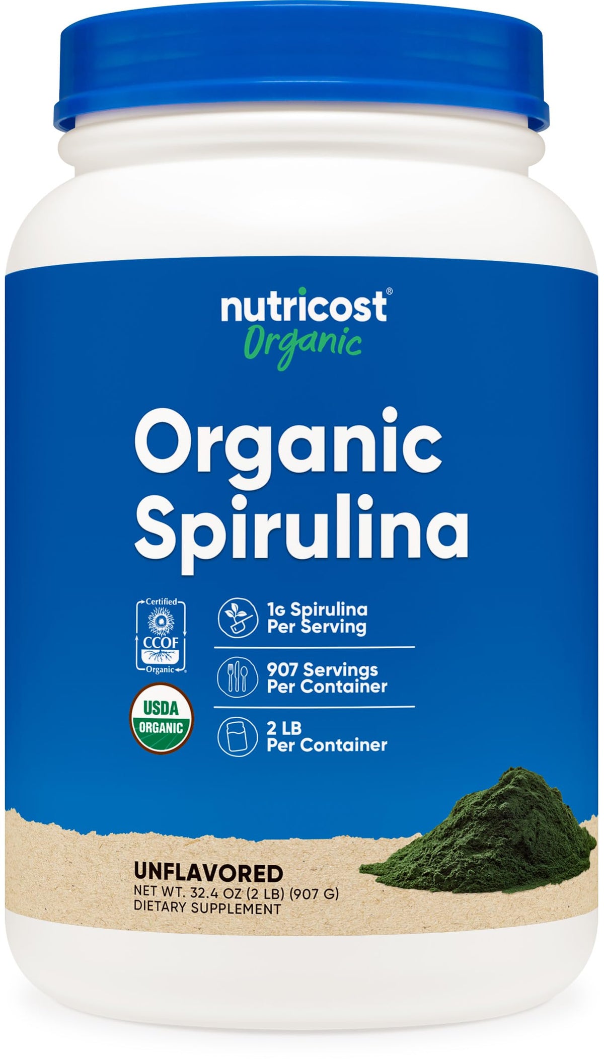 Nutricost Spiruline bio: poudre verte en bouteille prête à ajouter aux smoothies.