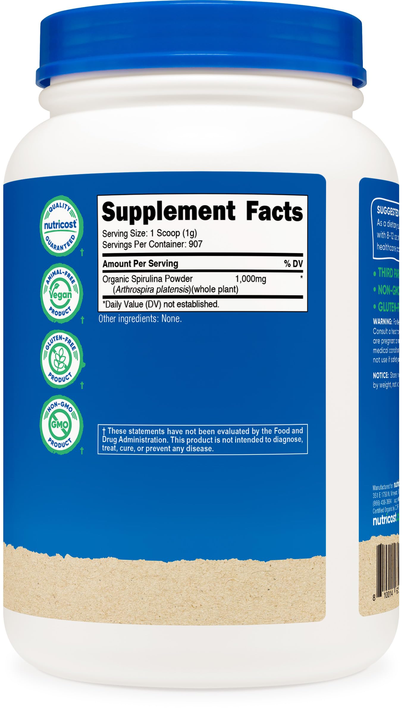 Nutricost Spiruline bio: poudre verte idéale pour smoothies matinaux.