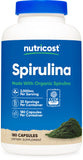 Nutricost Spiruline bouteille et capsules, prêt à soutenir votre routine nutritionnelle quotidienne.