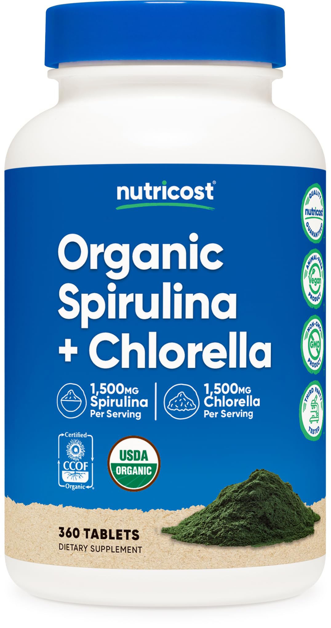 Nutricost Spiruline et Chlorelle — bouteille de 360 comprimés pour deux mois.