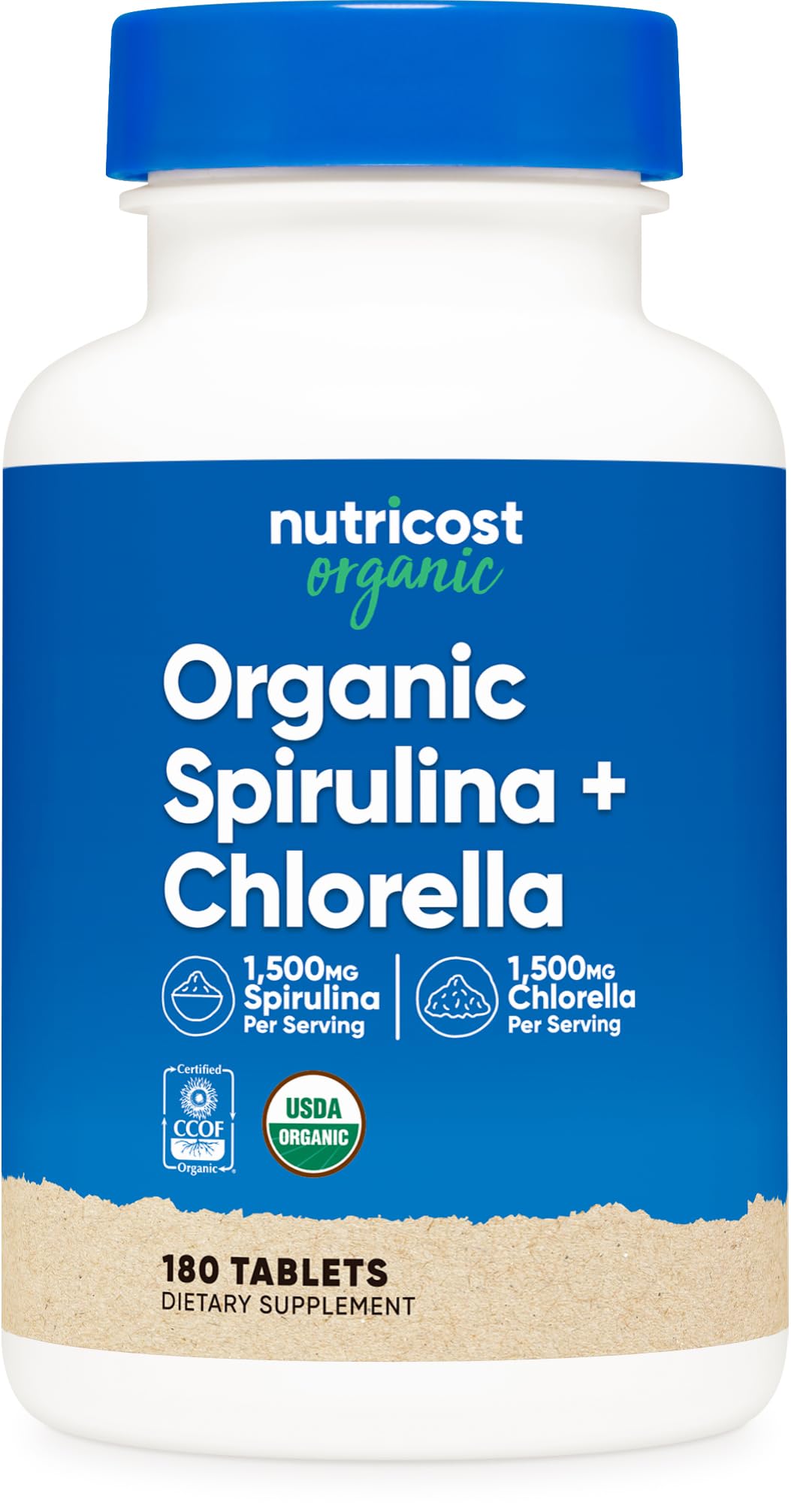 Nutricost Spiruline Chlorelle – bouteille avec étiquette, pratique pour une prise quotidienne.