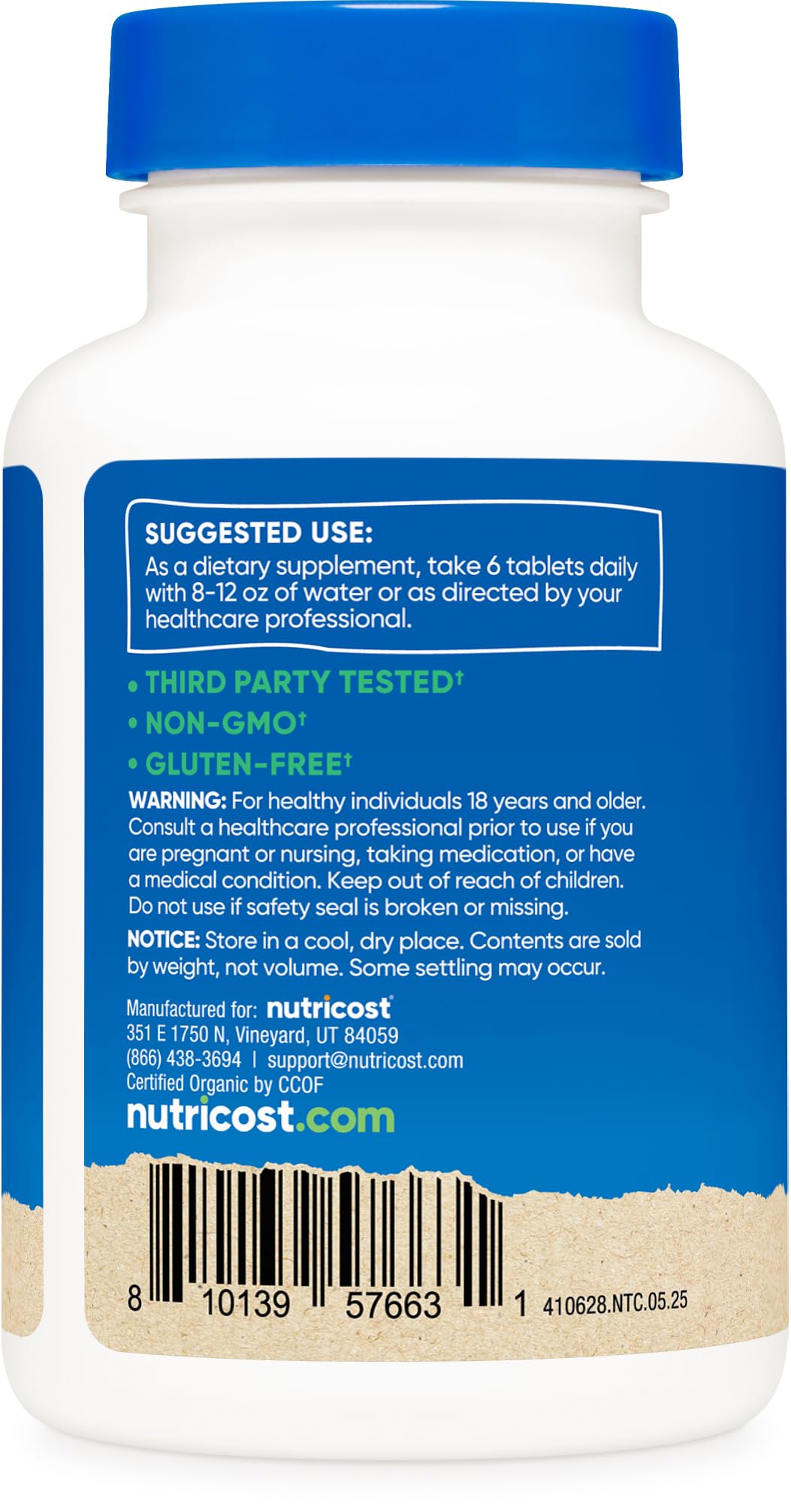 Nutricost Spiruline Chlorelle – format végane, sans OGM et sans gluten.