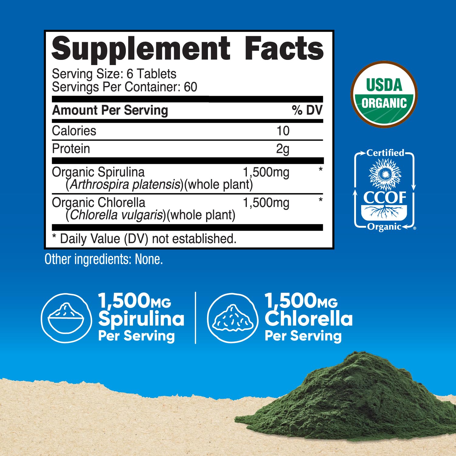 Nutricost Spiruline et Chlorelle — portions quotidiennes recommandées pour 60 jours.