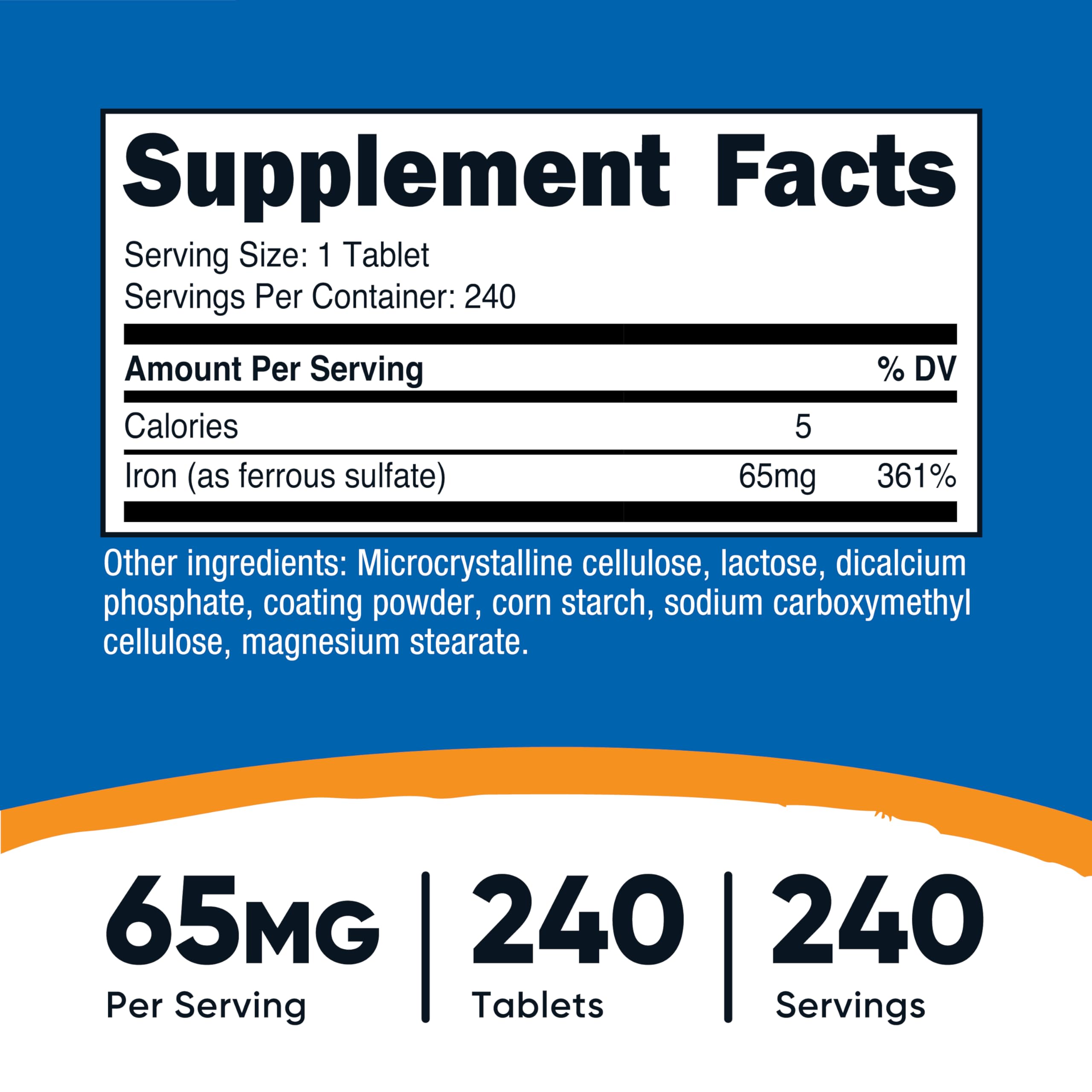 Tablettes Nutricost sulfate ferreux 65 mg prêtes pour une utilisation quotidienne.