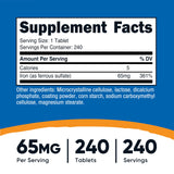 Tablettes Nutricost sulfate ferreux 65 mg prêtes pour une utilisation quotidienne.