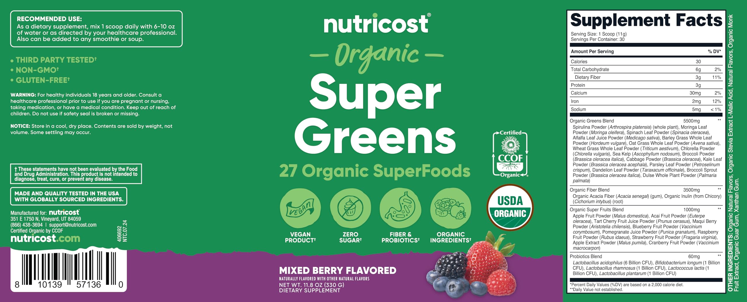 Nutricost Poudre Bio Super Aliments Verts pour smoothies et jus, fibres et probiotiques potentiels
